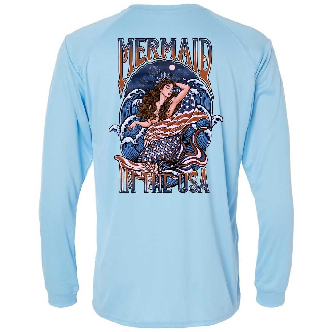 Mountains &amp; Mermaids Lady Liberty Performance Sun Shirt (Blue Mist) Small MM4705