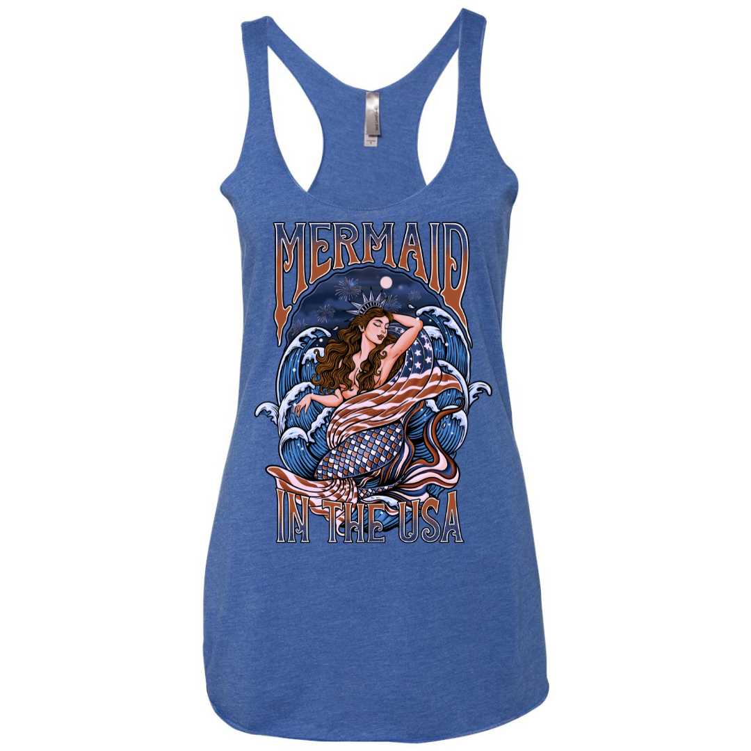 Mountains &amp; Mermaids Lady Liberty Racerback Tank (Vintage Blue) Small MM4765