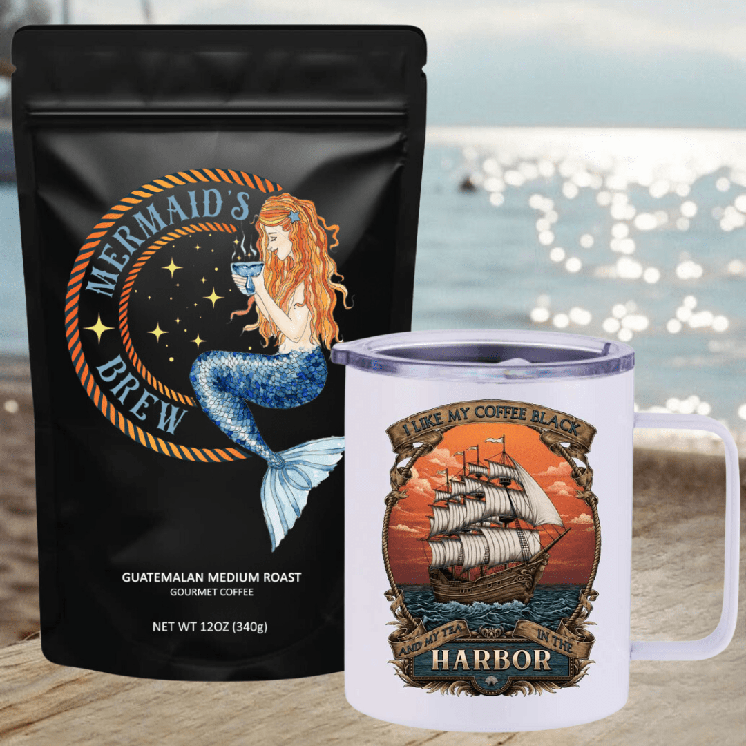 Mountains & Mermaids Mermaid's Brew Guatemalan Medium Roast Travel Coffee Bundle Black Harbor Insulated Travel Mug / Ground MM3296