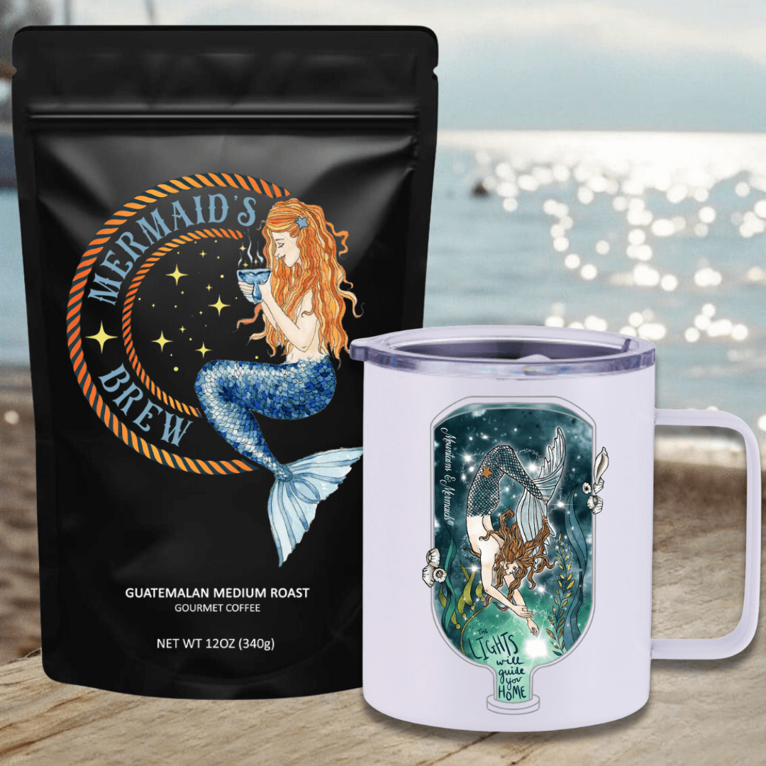 Mountains & Mermaids Mermaid's Brew Guatemalan Medium Roast Travel Coffee Bundle Luminary Mermaid Insulated Travel Mug / Ground MM3306