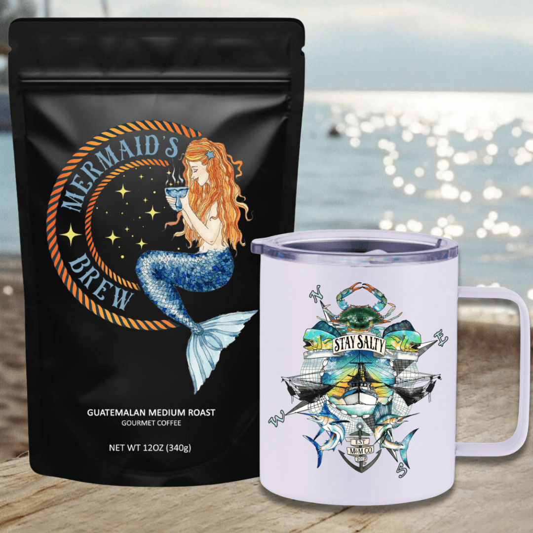 Mountains & Mermaids Mermaid's Brew Guatemalan Medium Roast Travel Coffee Bundle Stay Salty Insulated Travel Mug / Ground MM3316