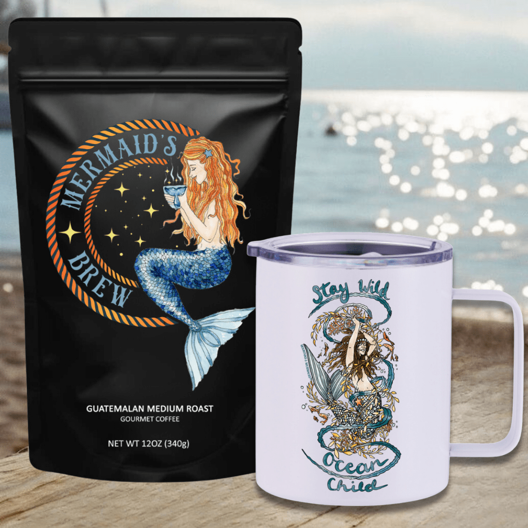 Mountains & Mermaids Mermaid's Brew Guatemalan Medium Roast Travel Coffee Bundle Stay Wild Ocean Child Insulated Travel Mug / Ground MM3318