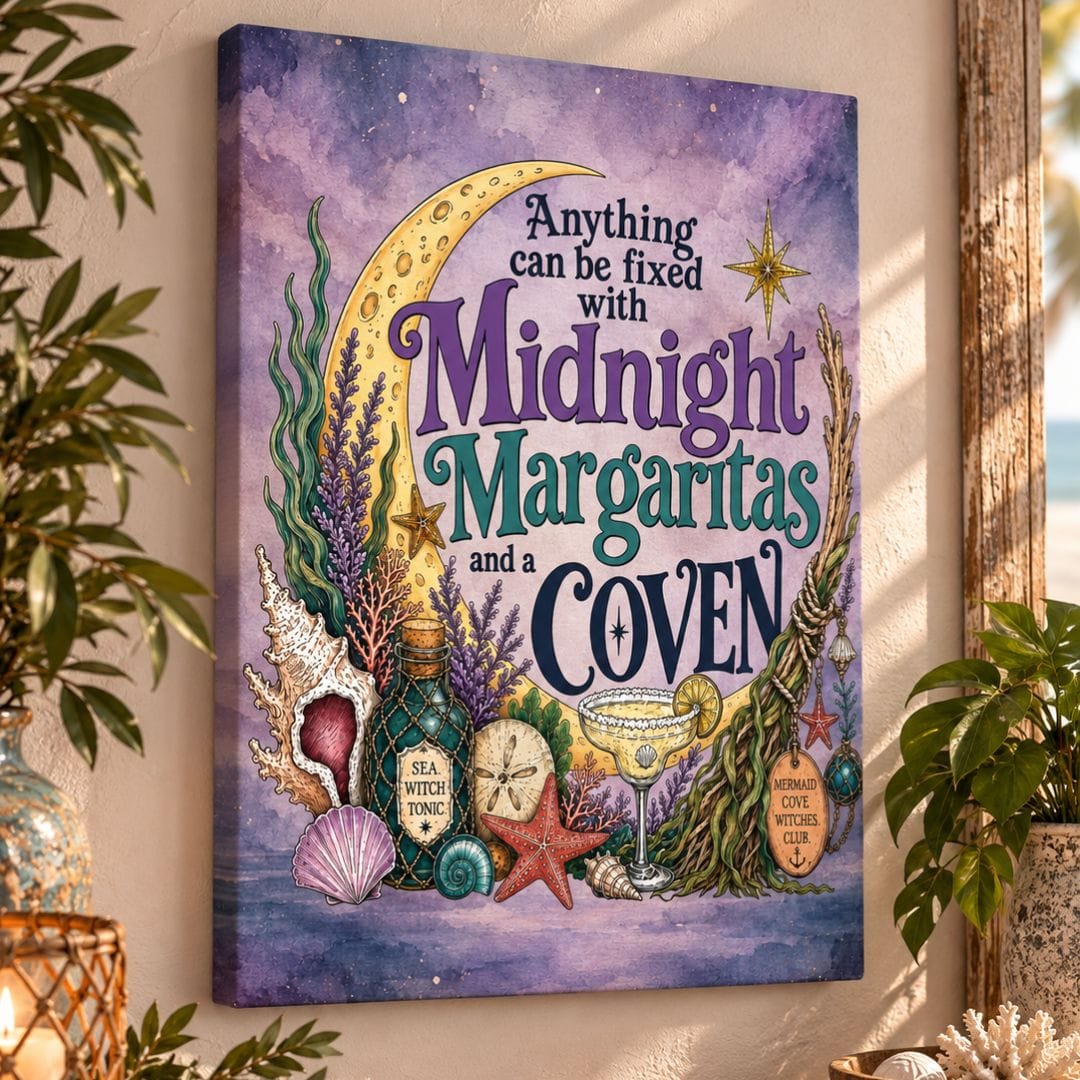 Mountains & Mermaids Midnight Margaritas & a Coven Matte Canvas Wall Art