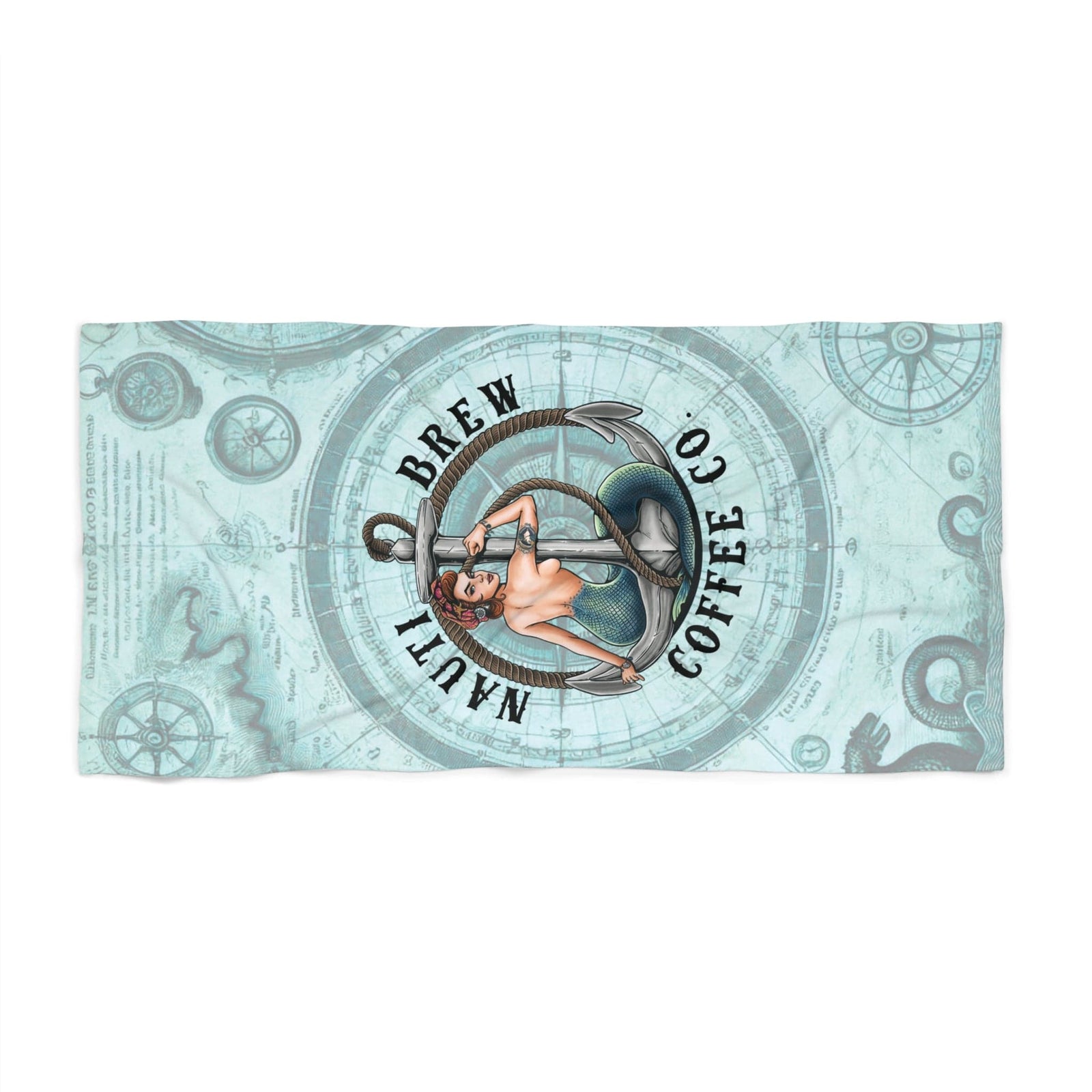 Mountains & Mermaids Nauti Brew Coffee Co. Beach Towel 36" × 72" 58164560983476841673