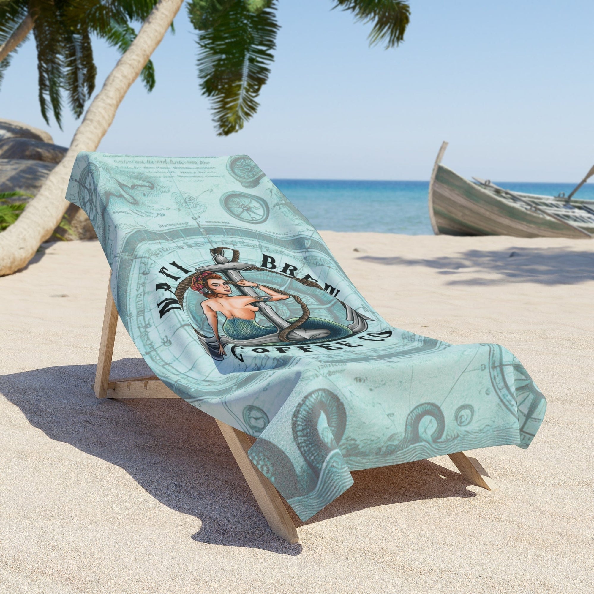 Mountains & Mermaids Nauti Brew Coffee Co. Beach Towel 36" × 72" 58164560983476841673
