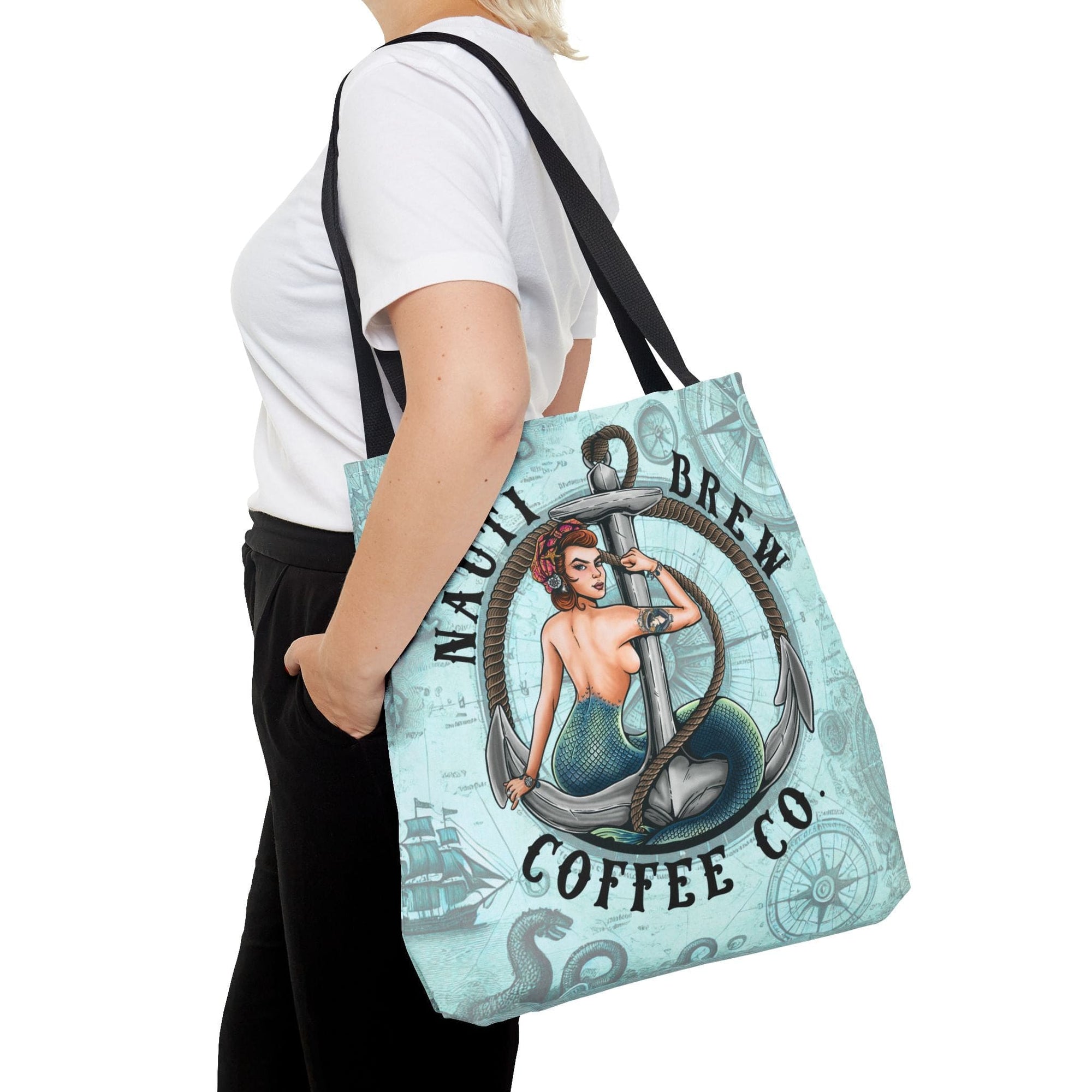 Mountains & Mermaids Nauti Brew Coffee Co. Tote Bag 18" × 18'' / Black 30247923328411965913