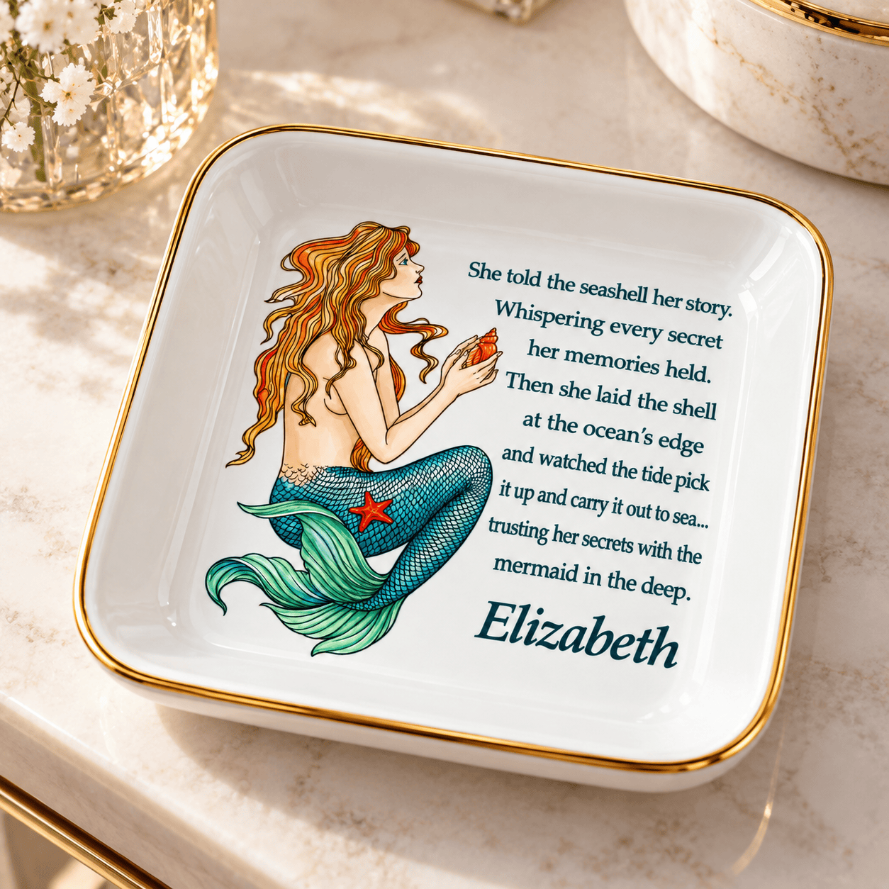 Mountains & Mermaids Personalized Vintage Mermaid Jewelry Dish with Seashell Story Design apod-14853834