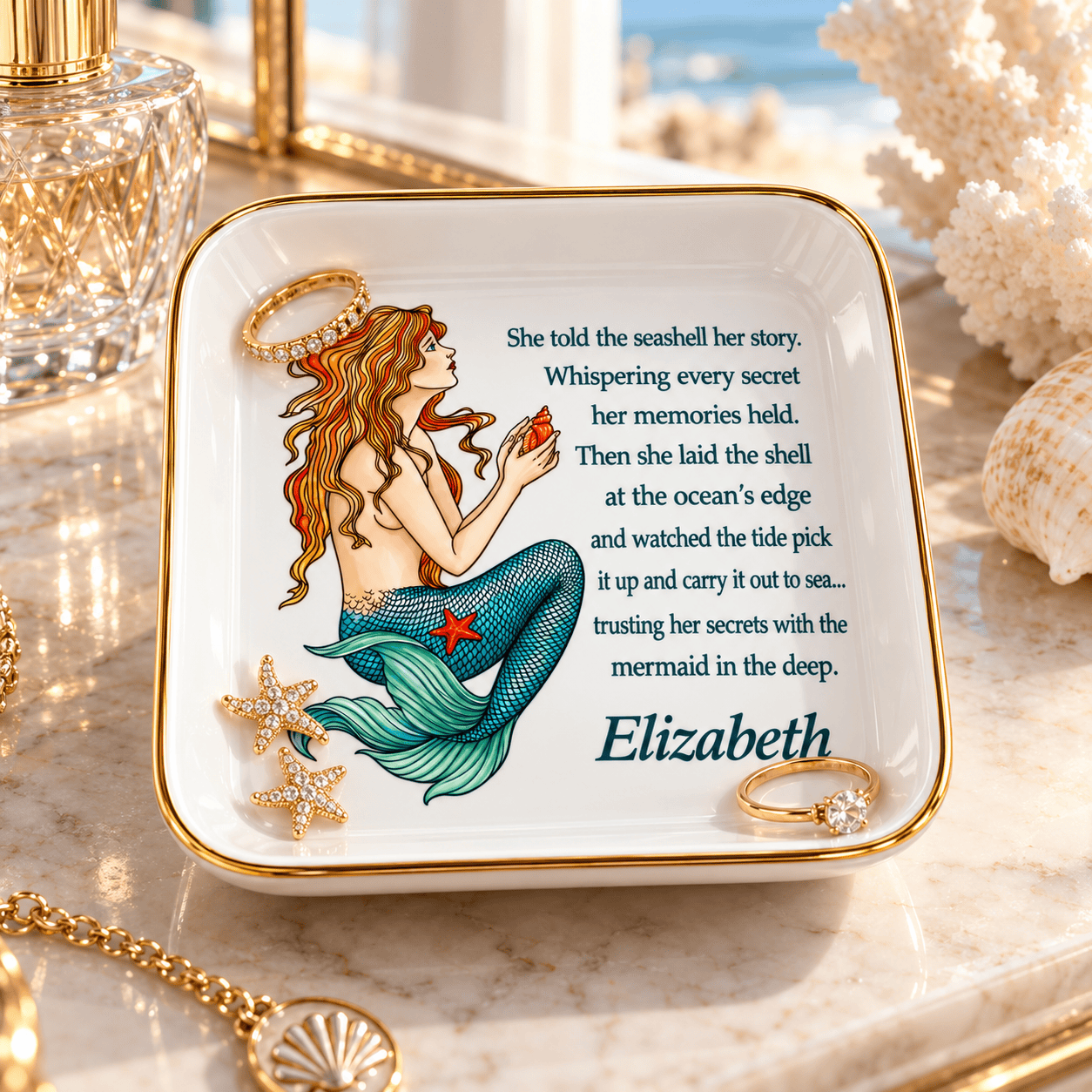 Mountains & Mermaids Personalized Vintage Mermaid Jewelry Dish with Seashell Story Design apod-14853834