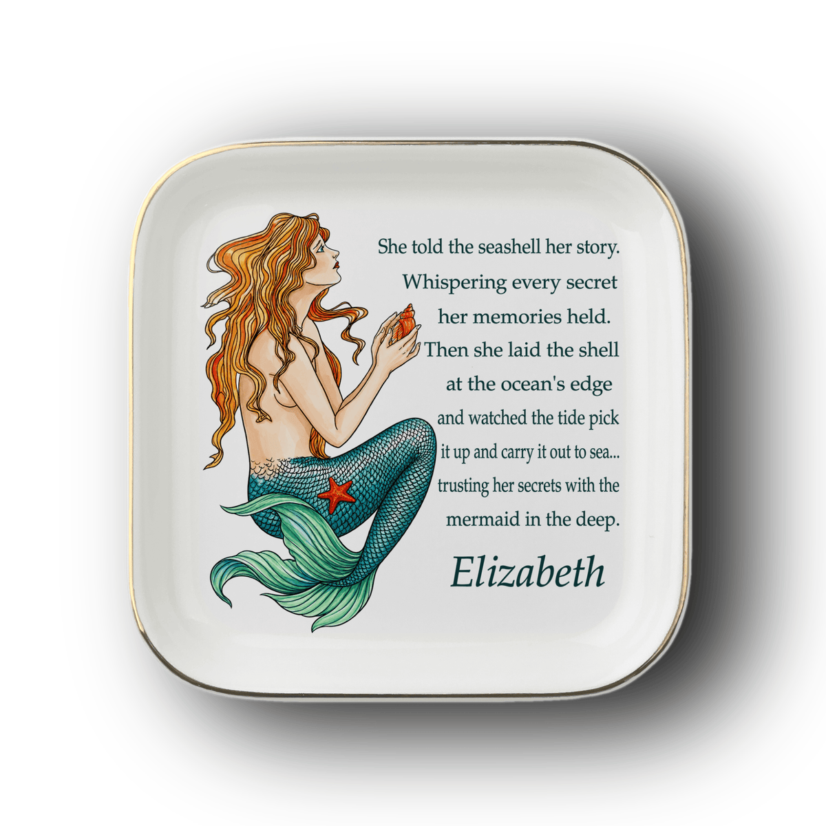 Mountains & Mermaids Personalized Vintage Mermaid Jewelry Dish with Seashell Story Design apod-14853834