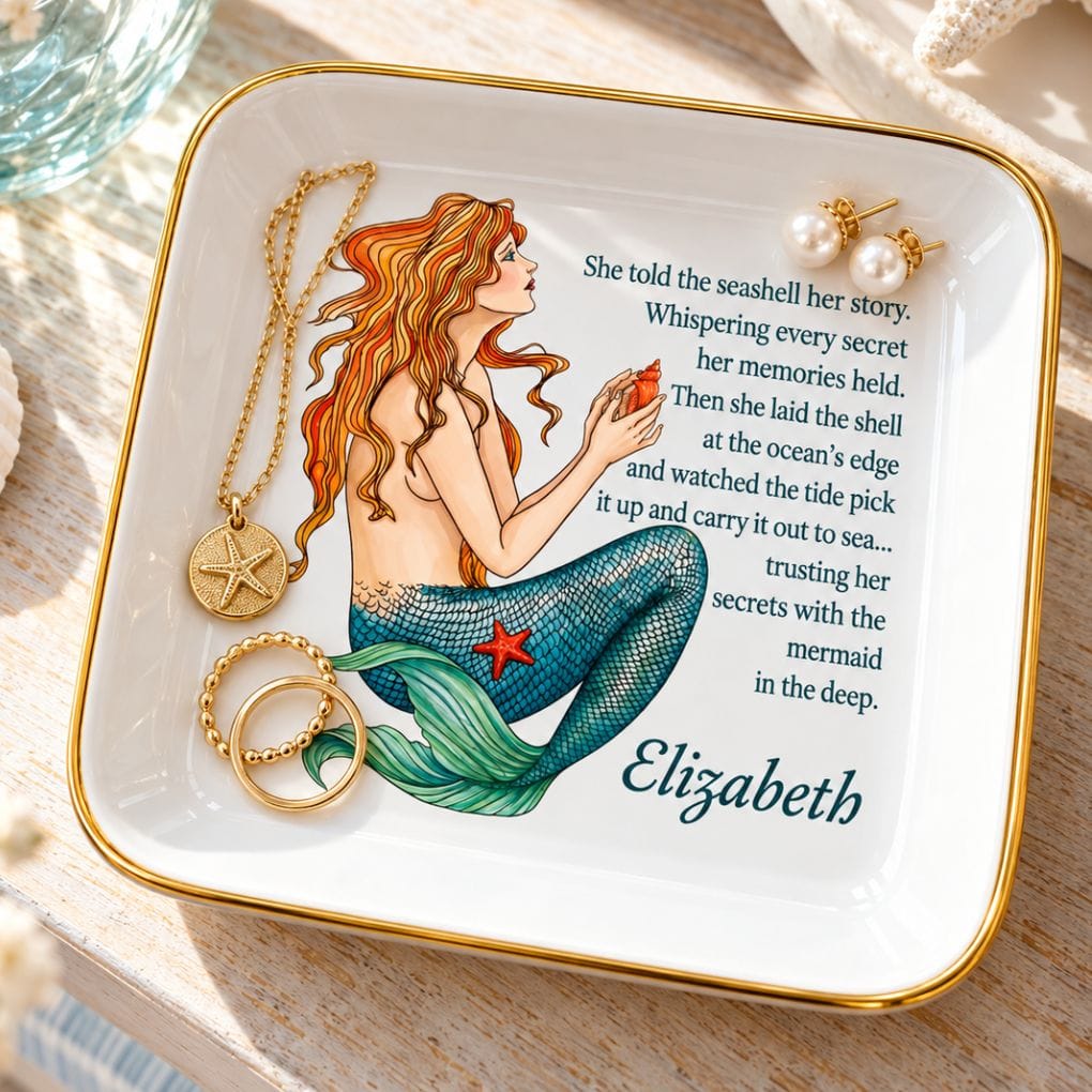 Mountains & Mermaids Personalized Vintage Mermaid Jewelry Dish with Seashell Story Design apod-14853834