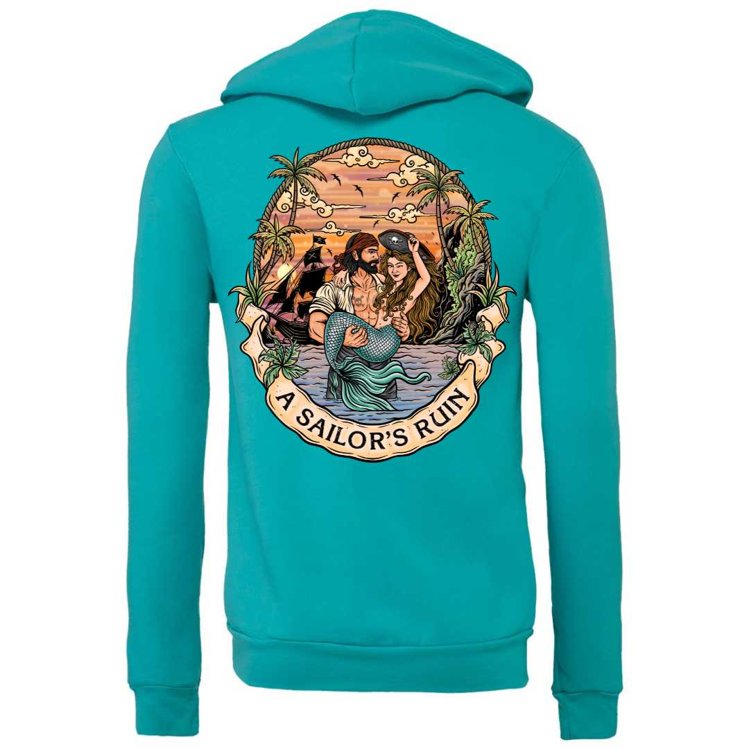 Mountains & Mermaids Sailor's Ruin Full Zip Fleece Hoodie (Teal) S