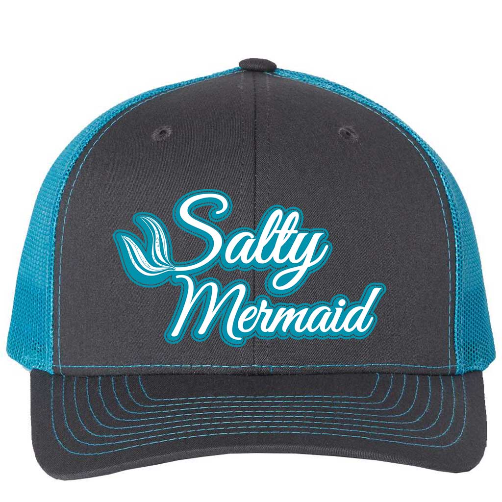 Mountains & Mermaids Salty Mermaid Trucker Hat Charcoal/Neon Blue MM1601