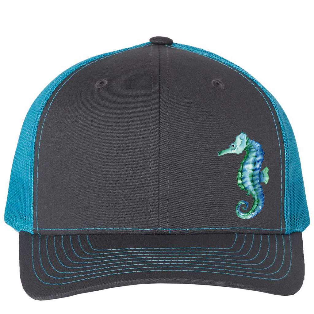 Mountains &amp; Mermaids Seahorse Trucker Hat Charcoal/Neon Blue MM1602