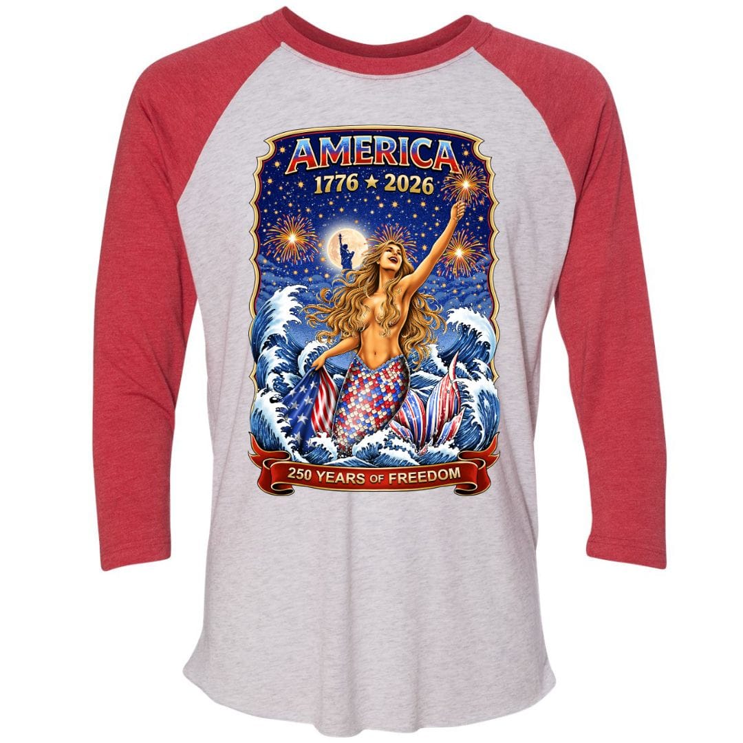 Mountains & Mermaids Star Spangled Mermaid (America 250) Baseball T-Shirt Small / Vintage Red