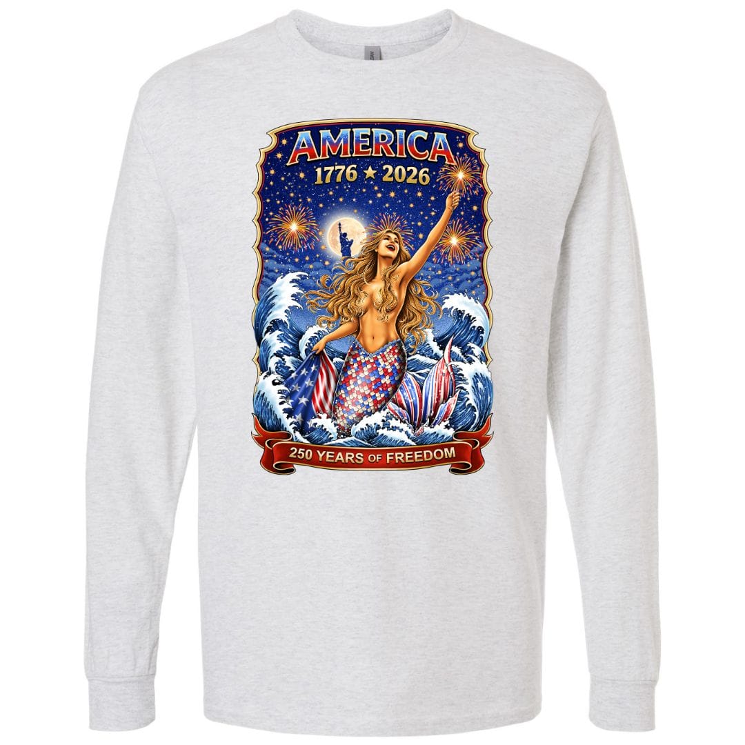 Mountains & Mermaids Star Spangled Mermaid (America 250) Long Sleeve T-Shirt Small / Heather Gray