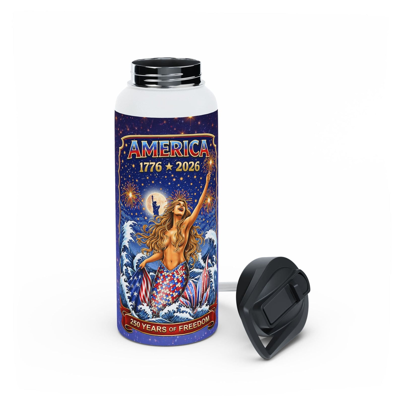 Mountains & Mermaids Star Spangled Mermaid America 250  Stainless-Steel Water Bottle 32oz / White 26548971258728571062