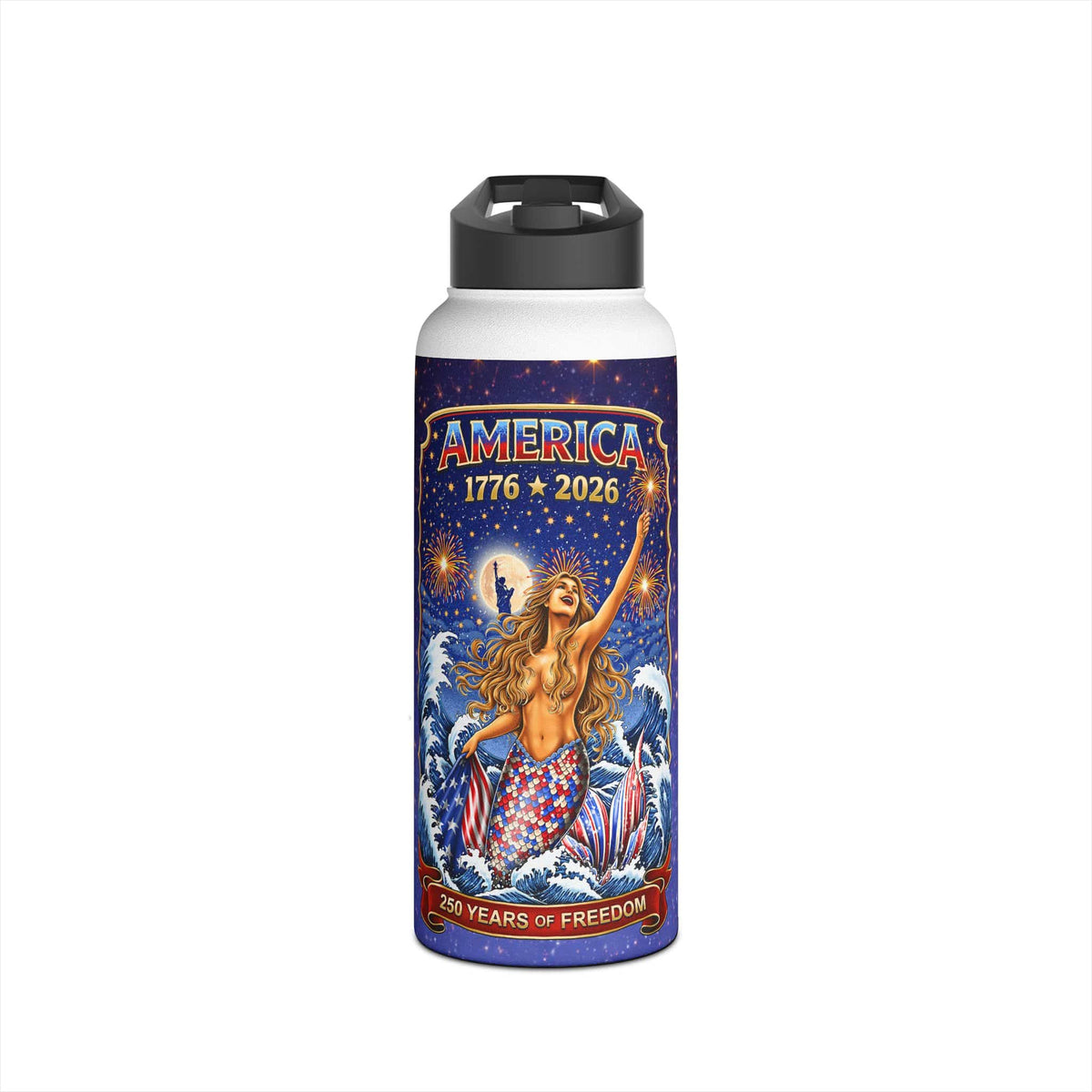 Mountains & Mermaids Star Spangled Mermaid America 250  Stainless-Steel Water Bottle 32oz / White 26548971258728571062