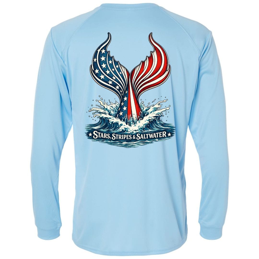 Mountains &amp; Mermaids Stars, Stripes &amp; Saltwater Performance Sun Shirt Small / Blue Mist