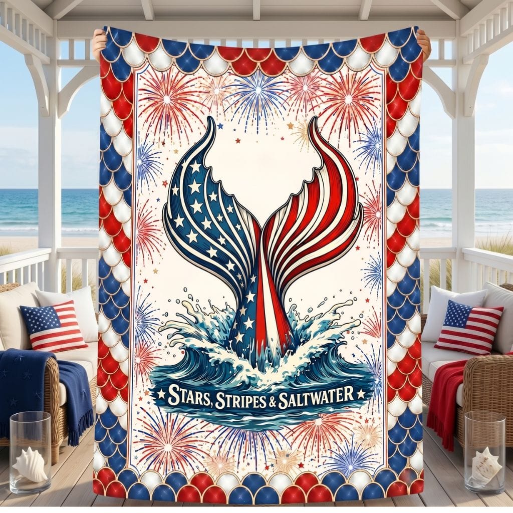 Mountains & Mermaids Stars, Stripes & Saltwater Plush Blanket 50" × 60" 11697317938758923716