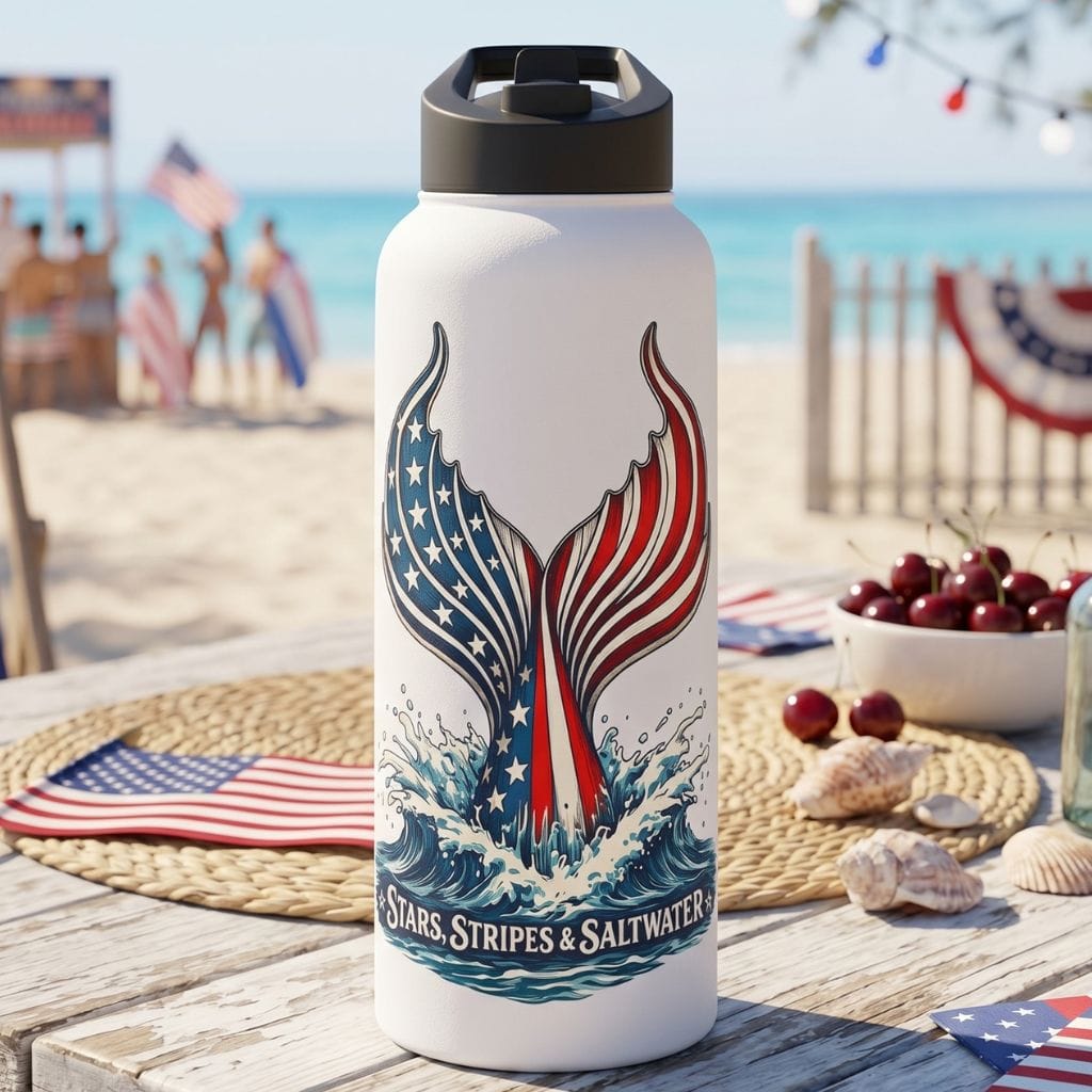 Mountains & Mermaids Stars, Stripes & Saltwater Stainless Steel Water Bottle 32oz / White 30181818029017522847