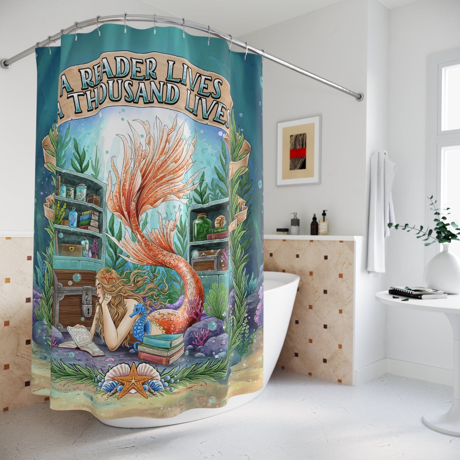 Mountains & Mermaids The Bookish Mermaid Shower Curtain 71" × 74" 11269831060355773831