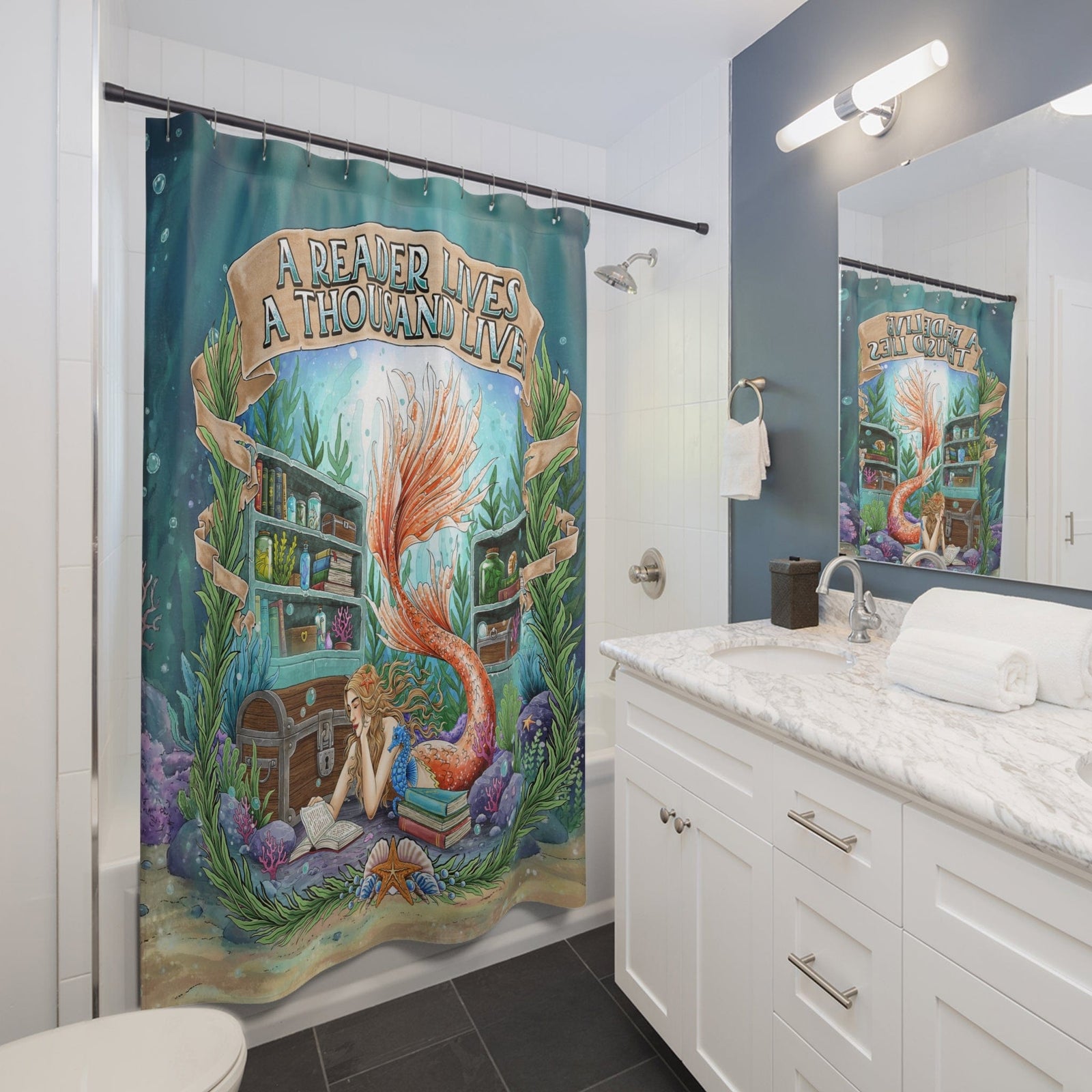 Mountains & Mermaids The Bookish Mermaid Shower Curtain 71" × 74" 11269831060355773831