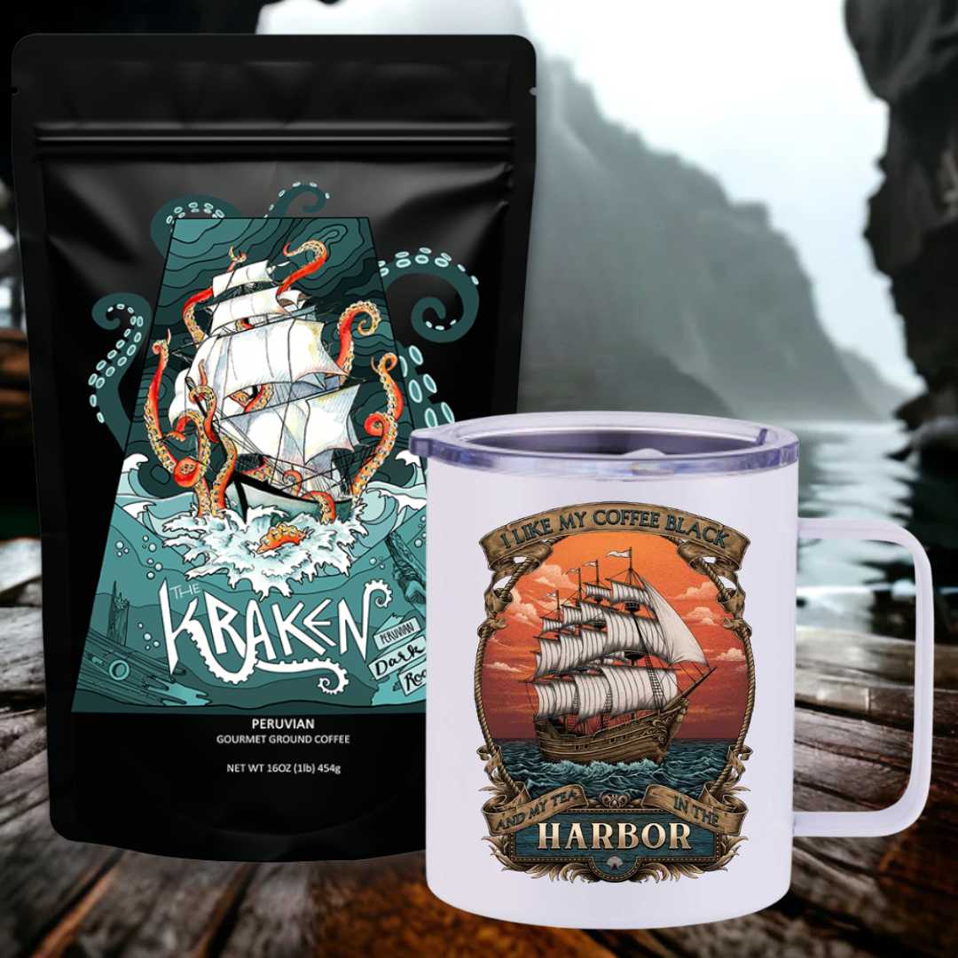 Mountains &amp; Mermaids The Kraken Peruvian Dark Roast Travel Coffee Bundle Black Harbor Travel Mug / Ground MM3485