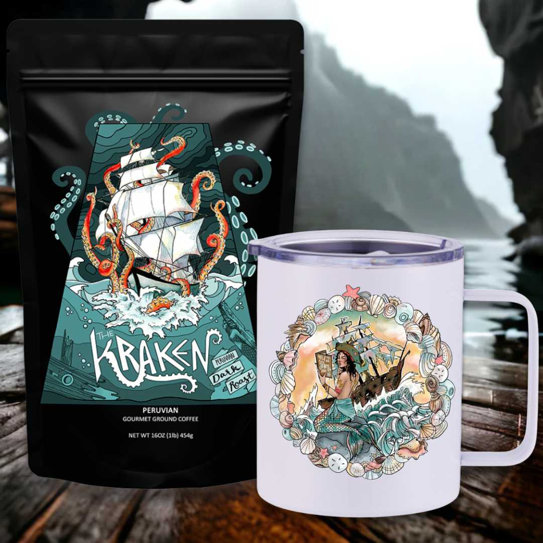 Mountains & Mermaids The Kraken Peruvian Dark Roast Travel Coffee Bundle How To Be A Siren 101 Insulated Travel Mug / Ground MM3473