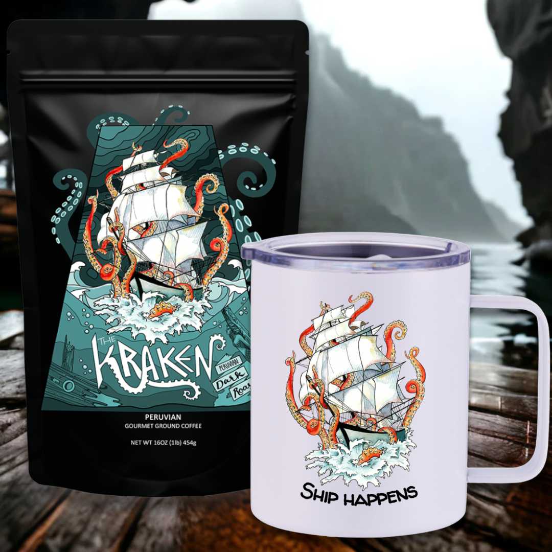 Mountains & Mermaids The Kraken Peruvian Dark Roast Travel Coffee Bundle Kraken Insulated Travel Mug / Ground MM3467
