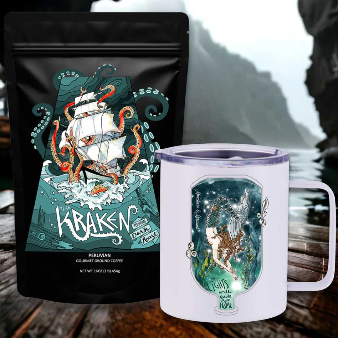 Mountains & Mermaids The Kraken Peruvian Dark Roast Travel Coffee Bundle Luminary Mermaid Insulated Travel Mug / Ground MM3483