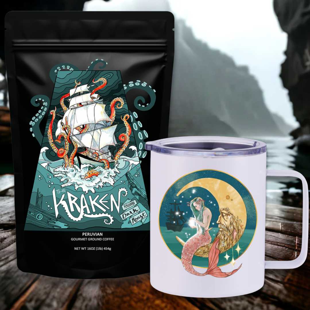 Mountains & Mermaids The Kraken Peruvian Dark Roast Travel Coffee Bundle Mermaid In The Moon Insulated Travel Mug / Ground MM3481