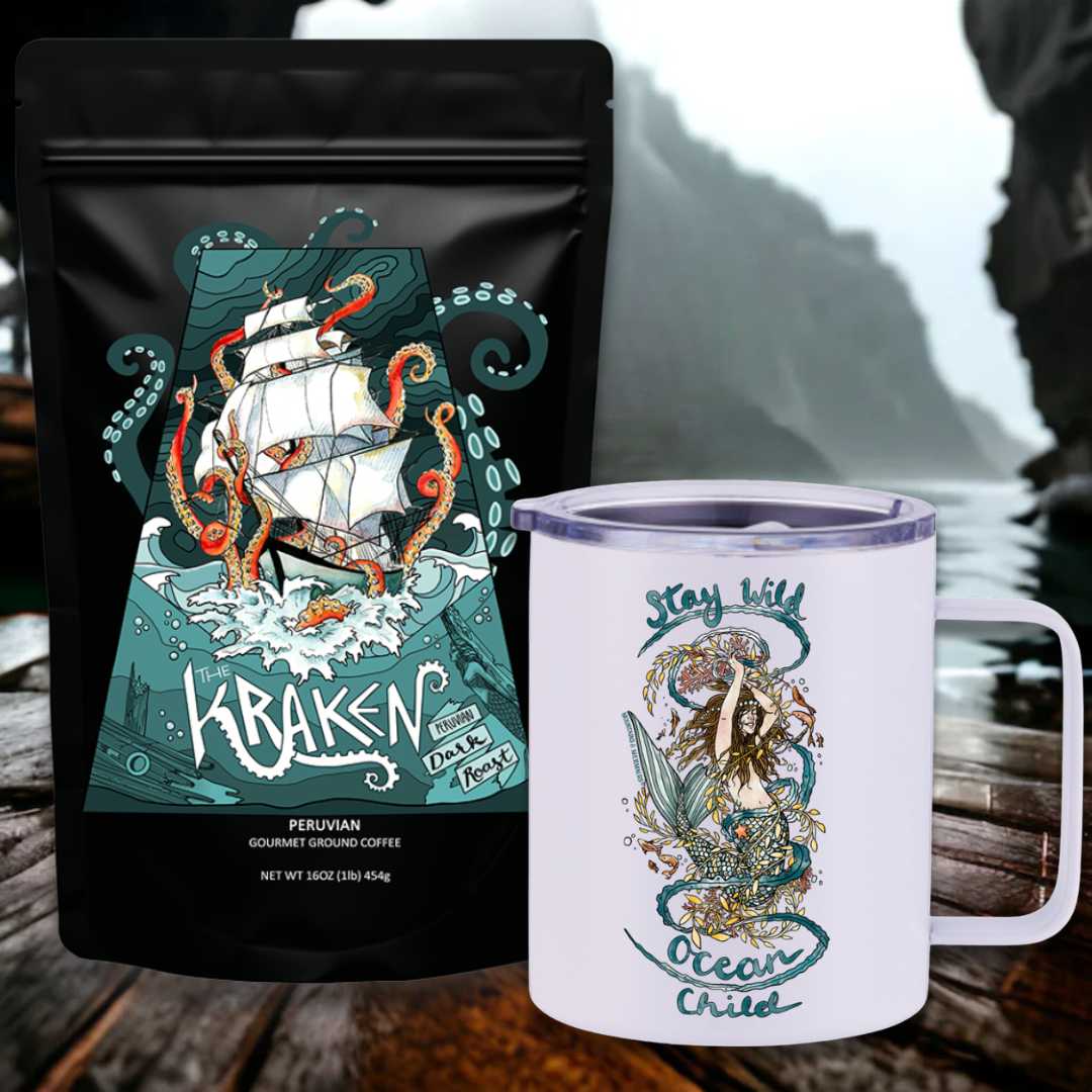 Mountains & Mermaids The Kraken Peruvian Dark Roast Travel Coffee Bundle Stay Wild Ocean Child Insulated Travel Mug / Ground MM3477