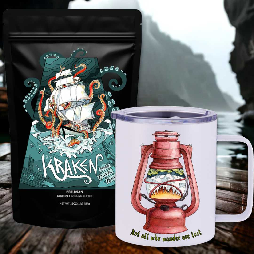 Mountains & Mermaids The Kraken Peruvian Dark Roast Travel Coffee Bundle Wander Lantern Insulated Travel Mug / Ground MM3475