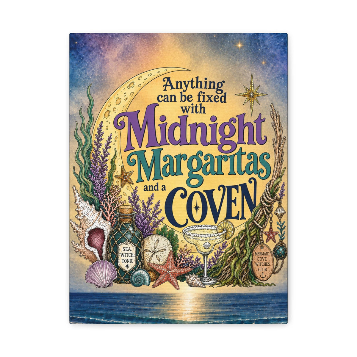 Mountains & Mermaids The Mermaid Coven (Moonlit Ocean) Canvas Wall Art 12″ x 16″ (Vertical) / 1.25" 19064835894393820930