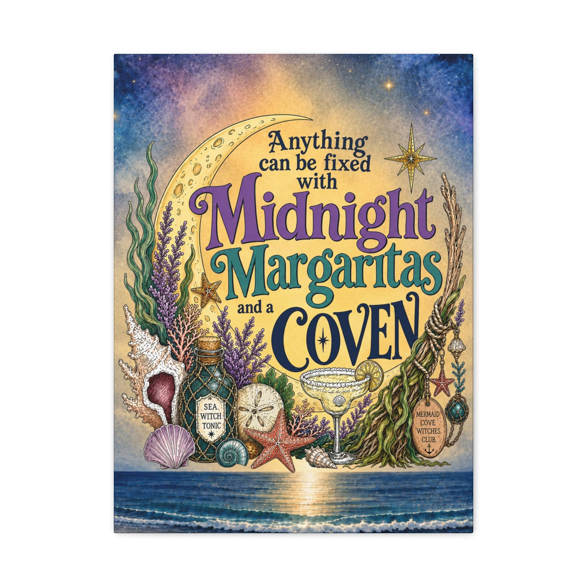 Mountains & Mermaids The Mermaid Coven (Moonlit Ocean) Canvas Wall Art 18″ x 24″ (Vertical) / 1.25" 26440441349722943494