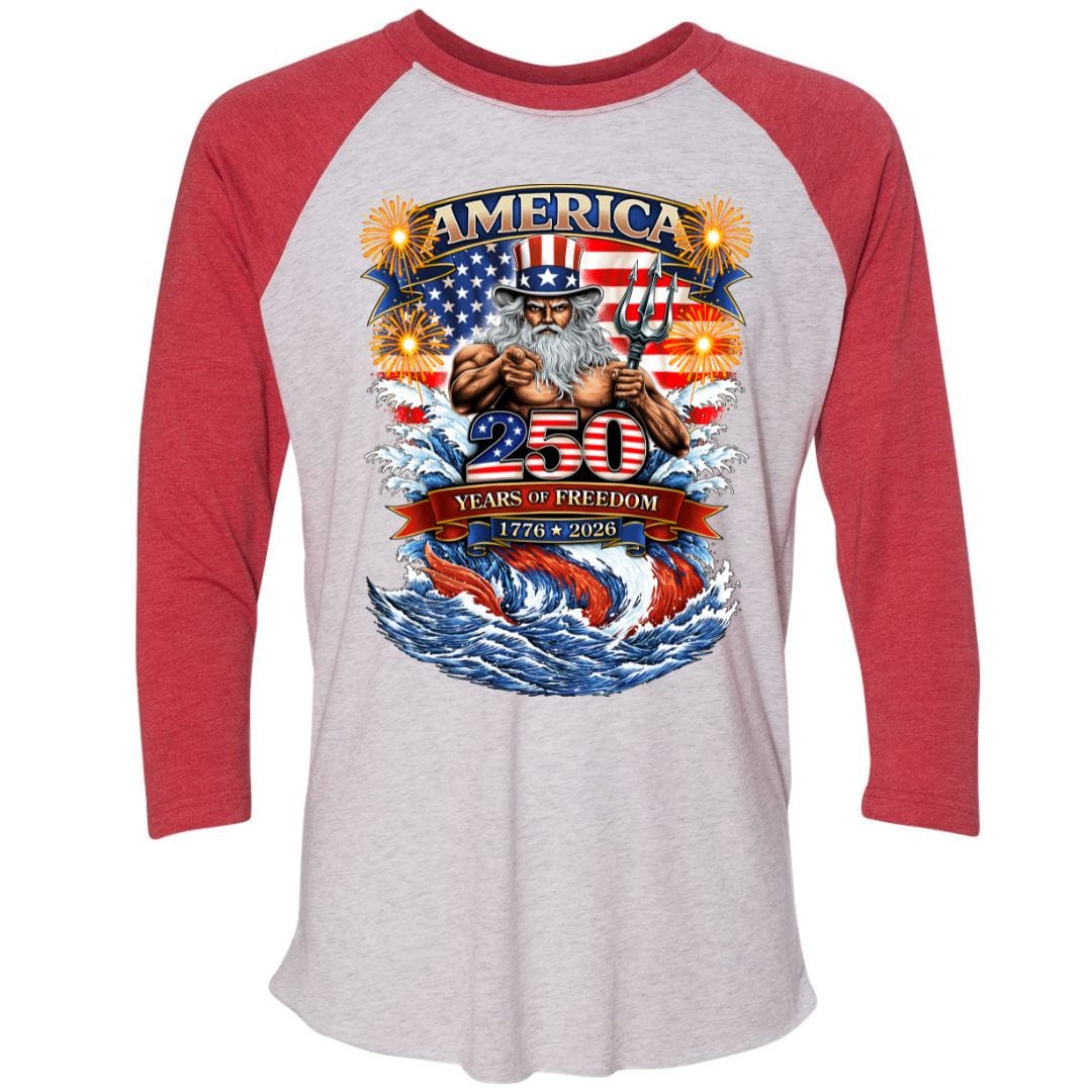 Mountains & Mermaids Uncle Poseidon (America 250) Baseball T-Shirt Small / Vintage Red