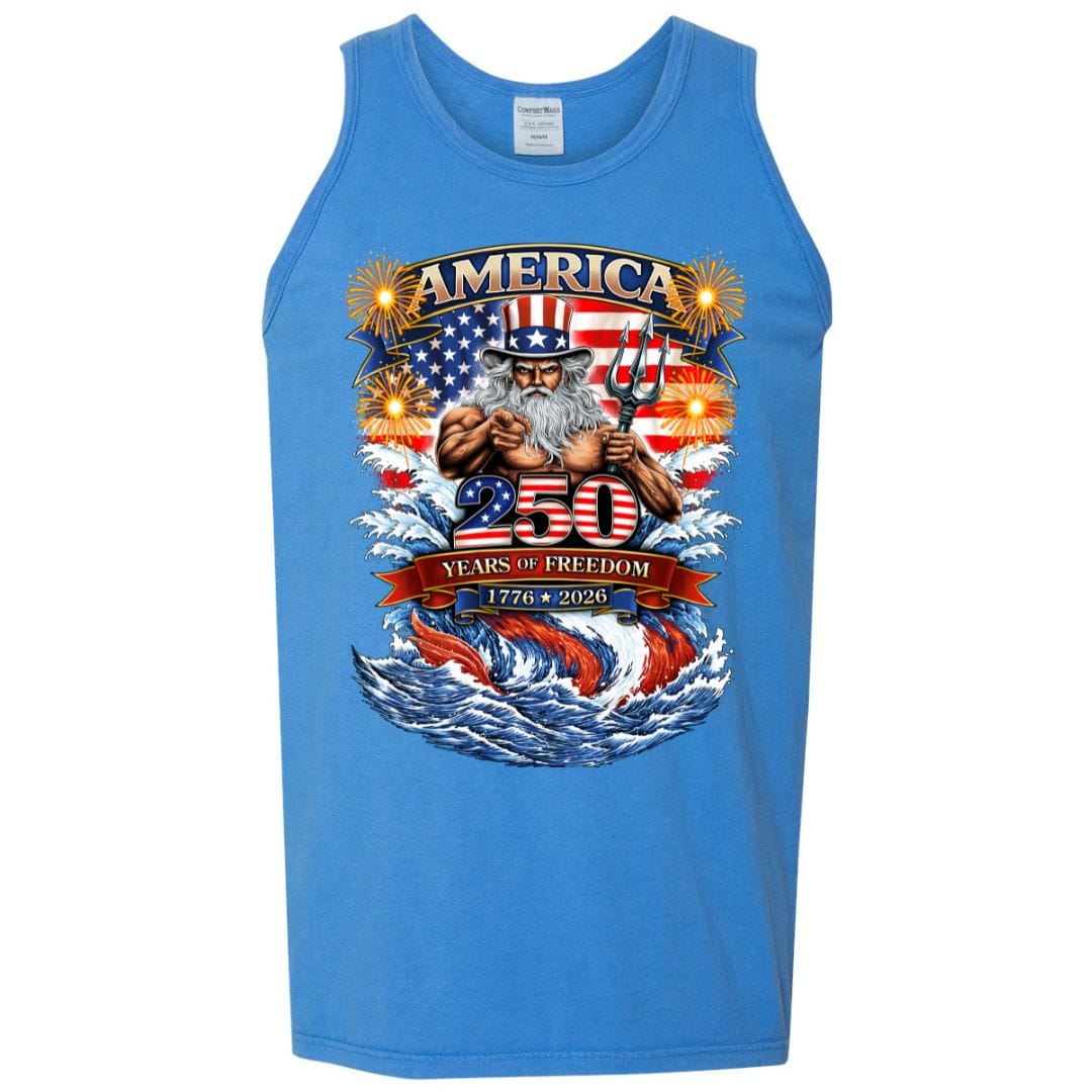 Mountains & Mermaids Uncle Poseidon (America 250) Boyfriend Tank Small / Summer Blue