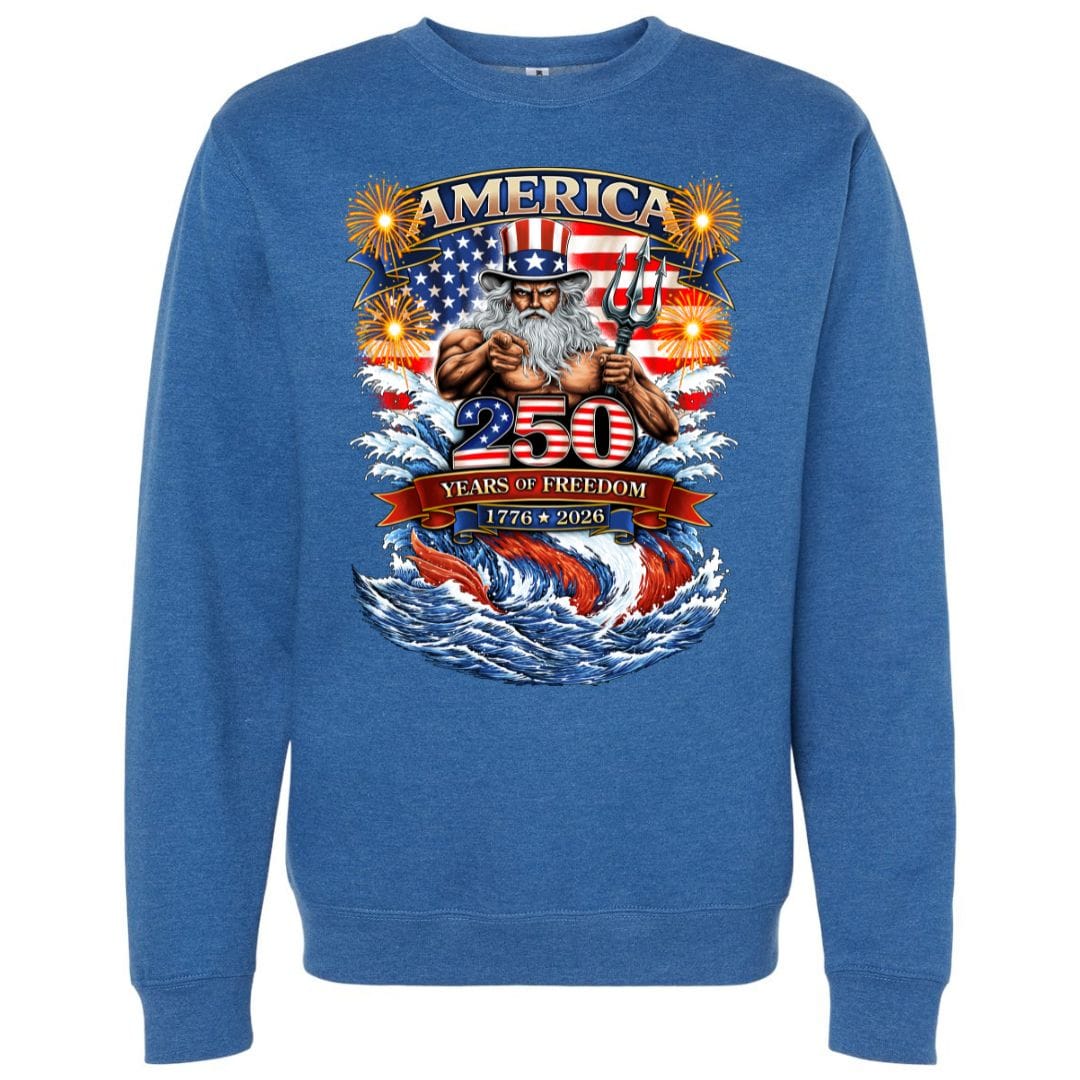 Mountains &amp; Mermaids Uncle Poseidon (America 250) Crewneck Sweatshirt Small / Heather Royal
