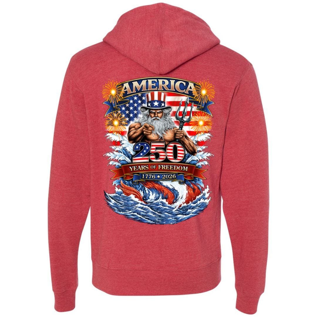 Mountains & Mermaids Uncle Poseidon (America 250) Fleece Pullover Hoodie Small / Heather Red