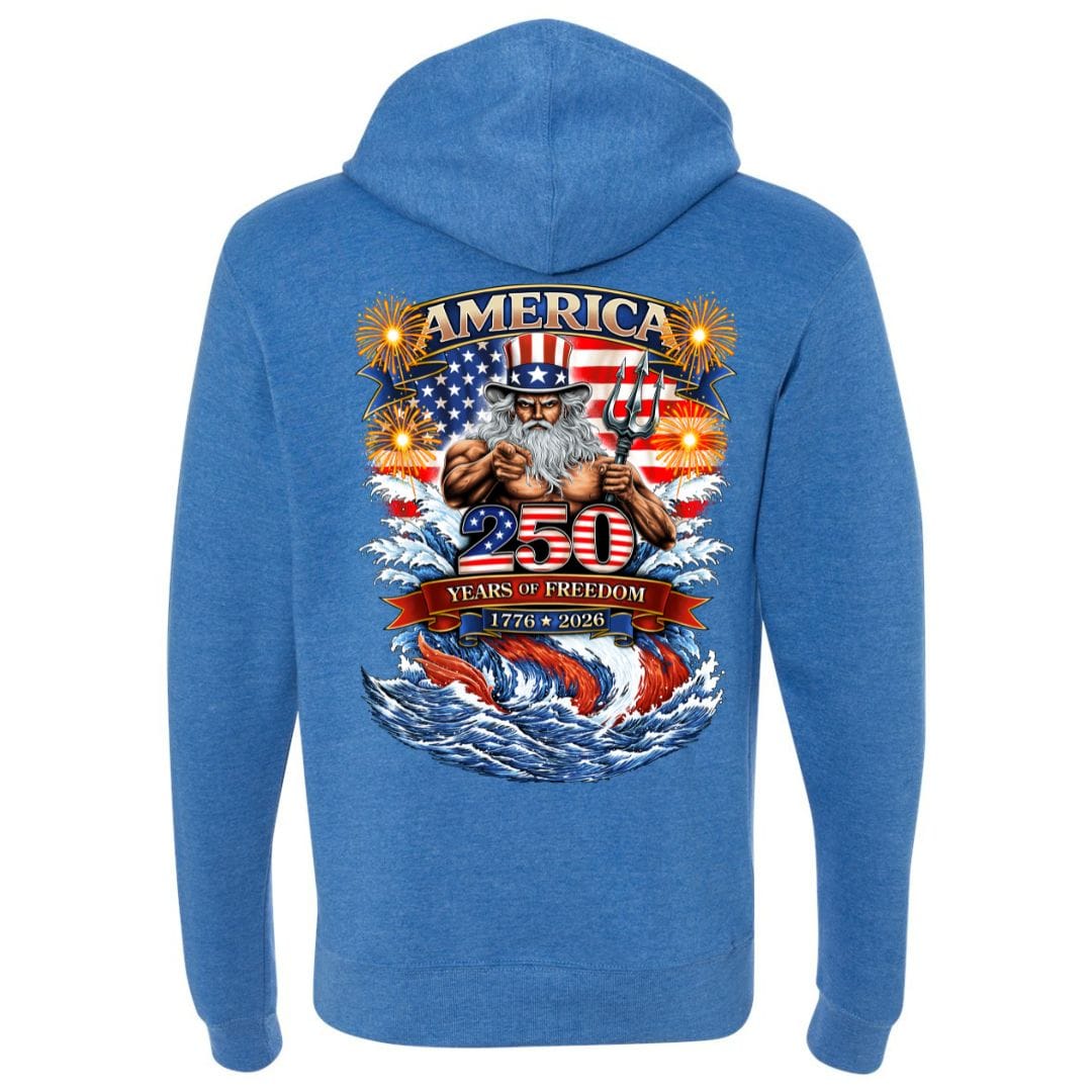 Mountains &amp; Mermaids Uncle Poseidon (America 250) Fleece Pullover Hoodie Small / Heather Royal