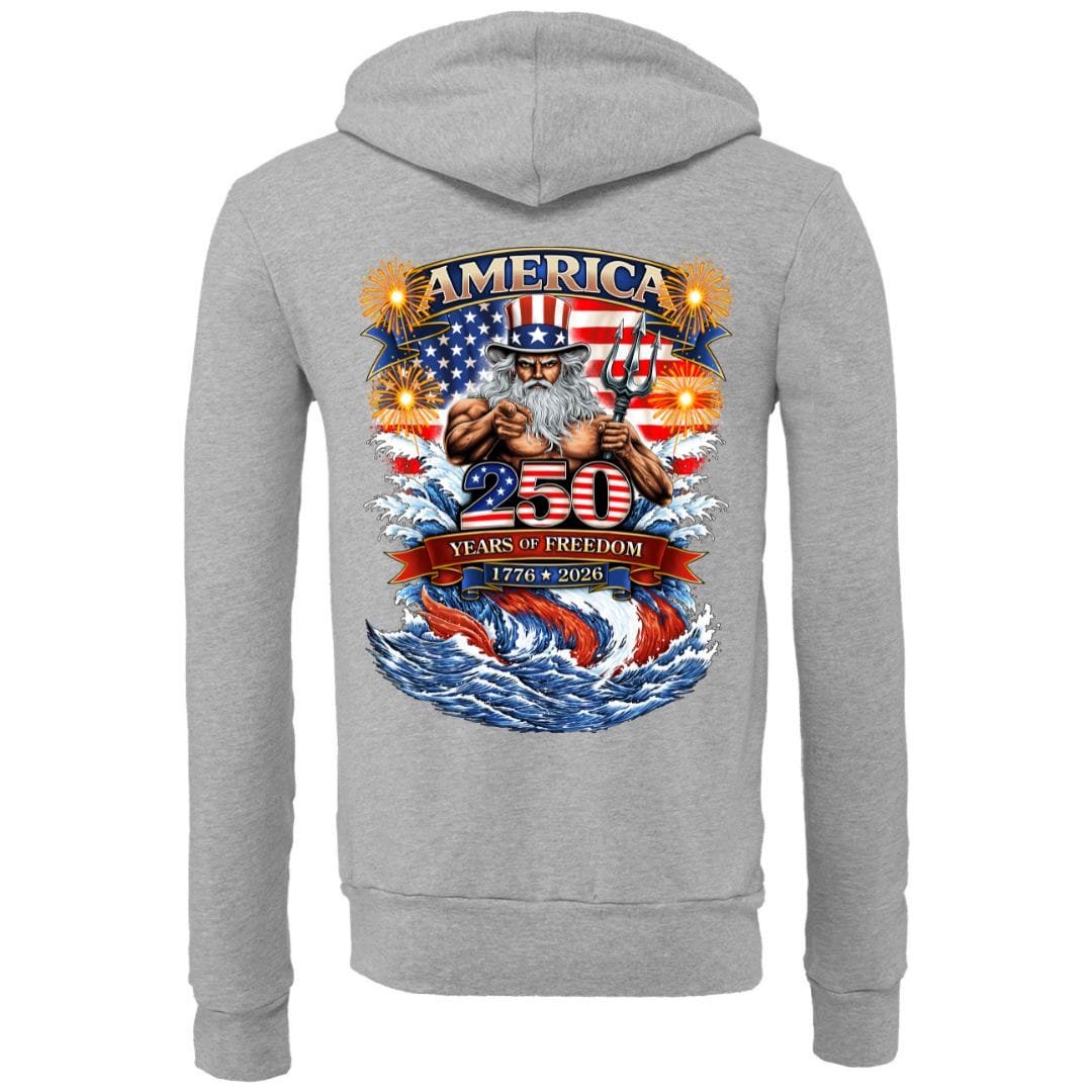 Mountains & Mermaids Uncle Poseidon (America 250) Fleece Zip Hoodie Small / Heather Gray