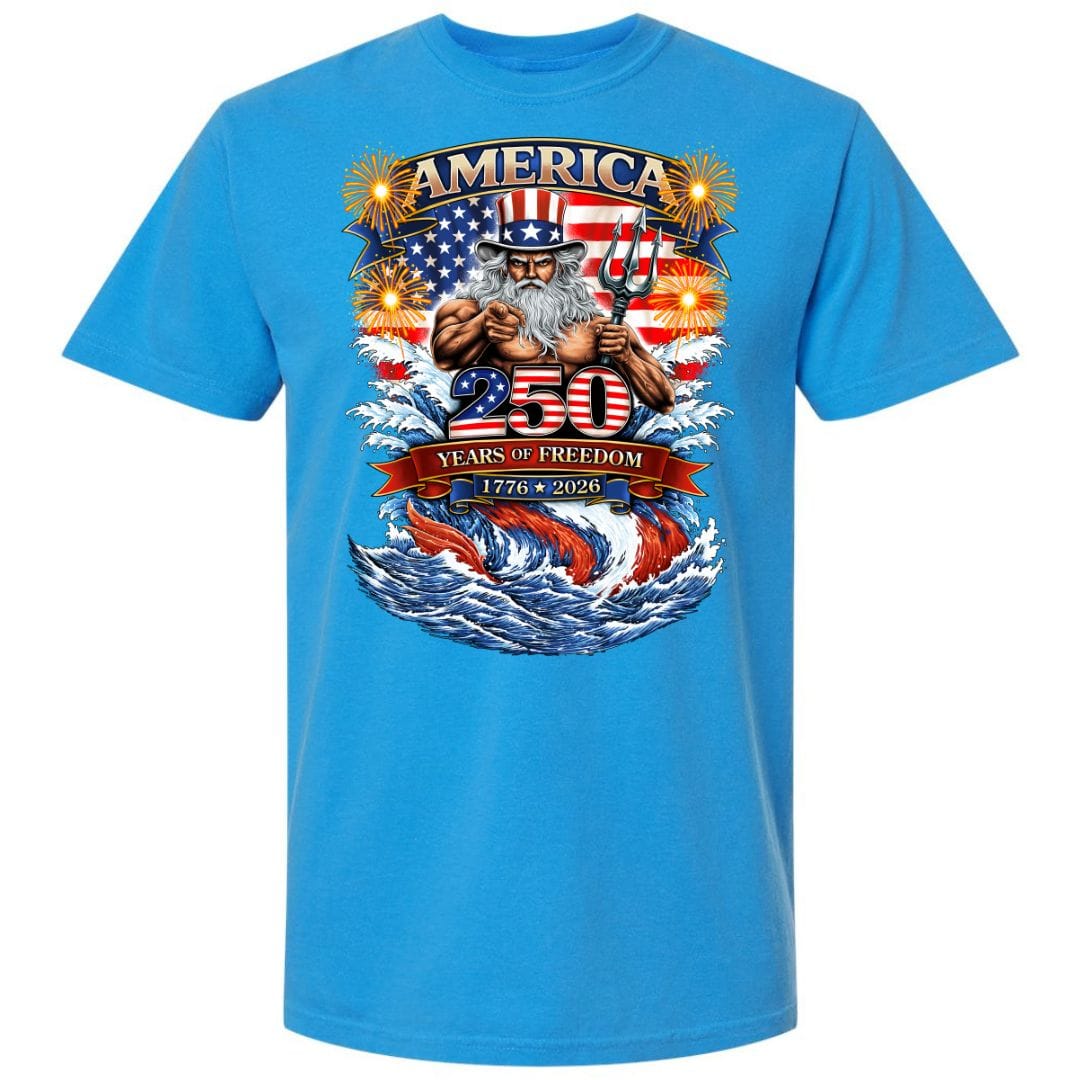 Mountains &amp; Mermaids Uncle Poseidon (America 250) Short Sleeve T-Shirt Small / Royal Caribe