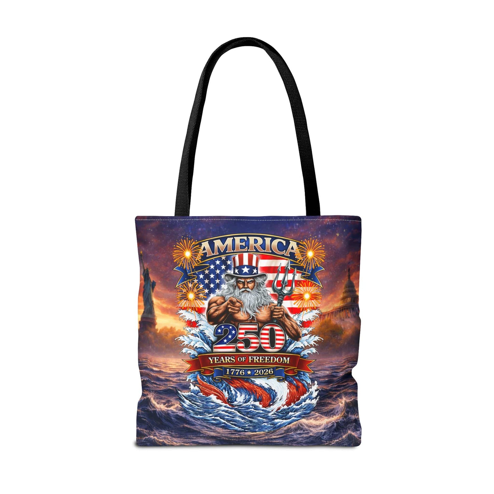 Mountains & Mermaids Uncle Poseidon America 250 Tote Bag 18" × 18'' / Black 19208014345723352404