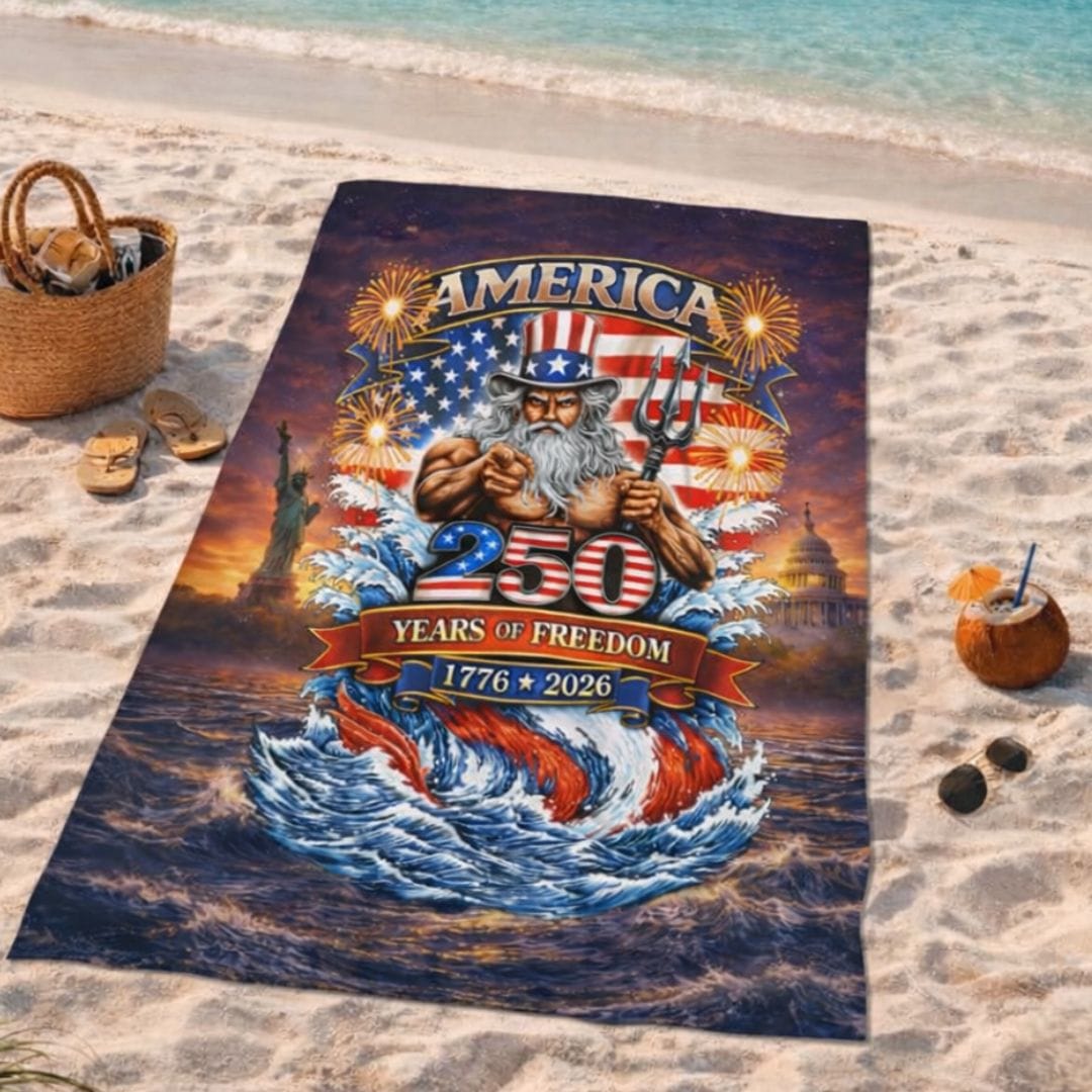 Mountains & Mermaids Uncle Poseidon America 250 Years Beach Towel 30" × 60" 33414579008771595602