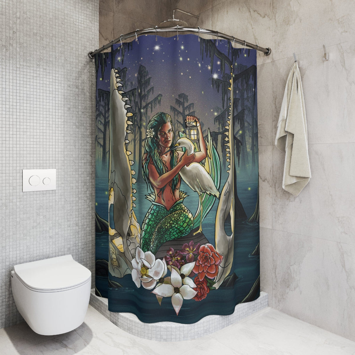Printify Bayou Mermaid Shower Curtain — Gothic Swamp Night Bath Decor 71" × 74" 19096067014497527147