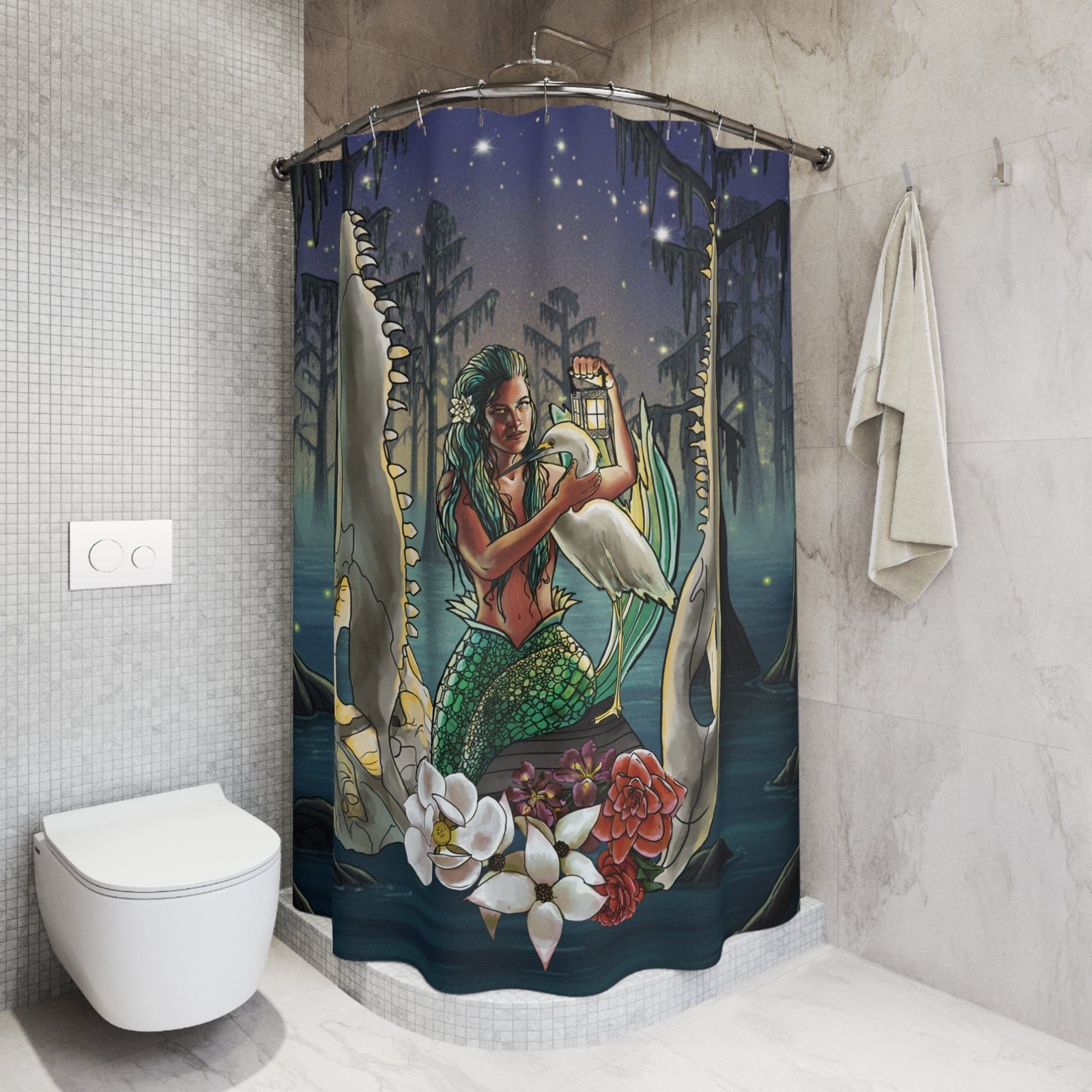 Printify Bayou Mermaid Shower Curtain — Gothic Swamp Night Bath Decor 71" × 74" 19096067014497527147