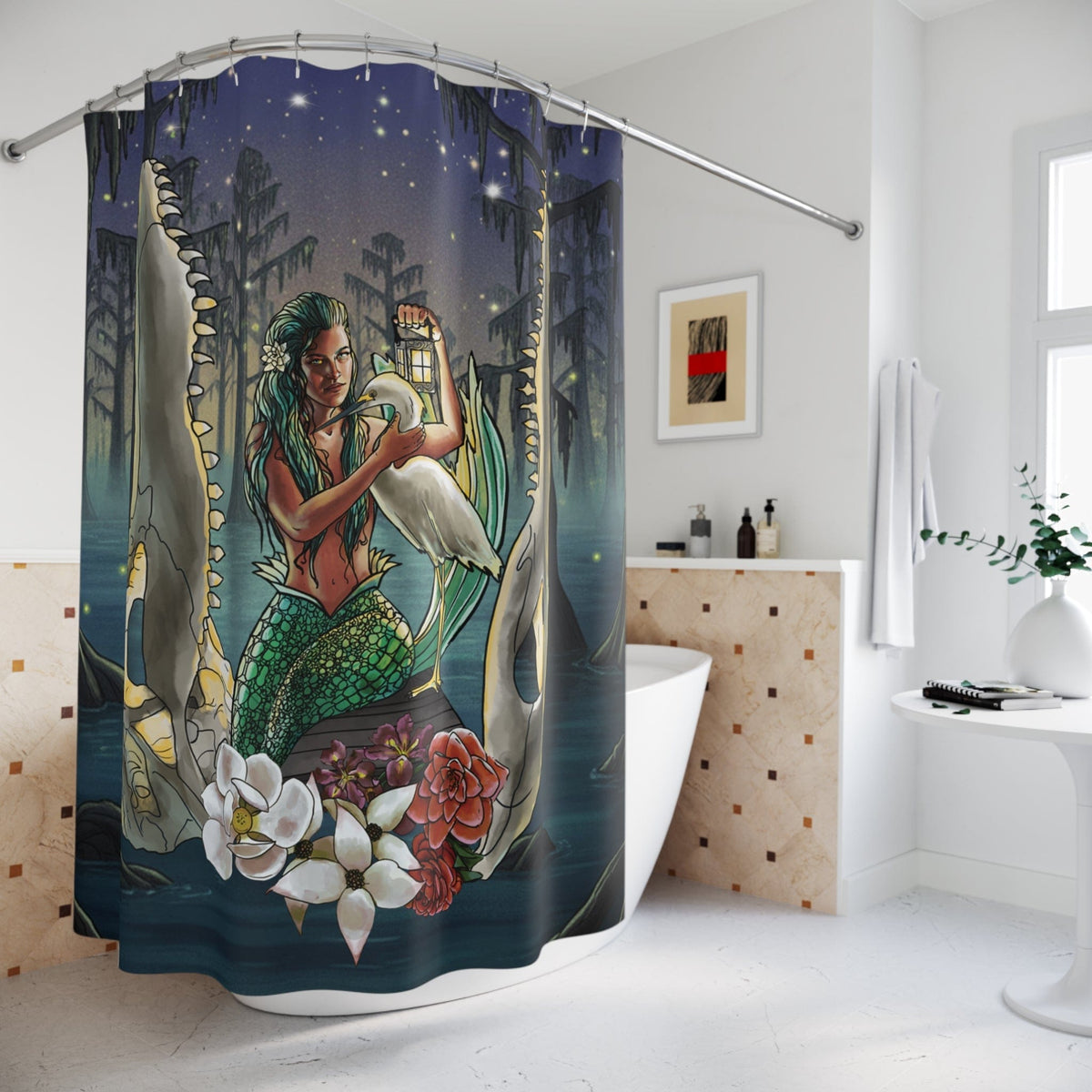 Printify Bayou Mermaid Shower Curtain — Gothic Swamp Night Bath Decor 71" × 74" 19096067014497527147