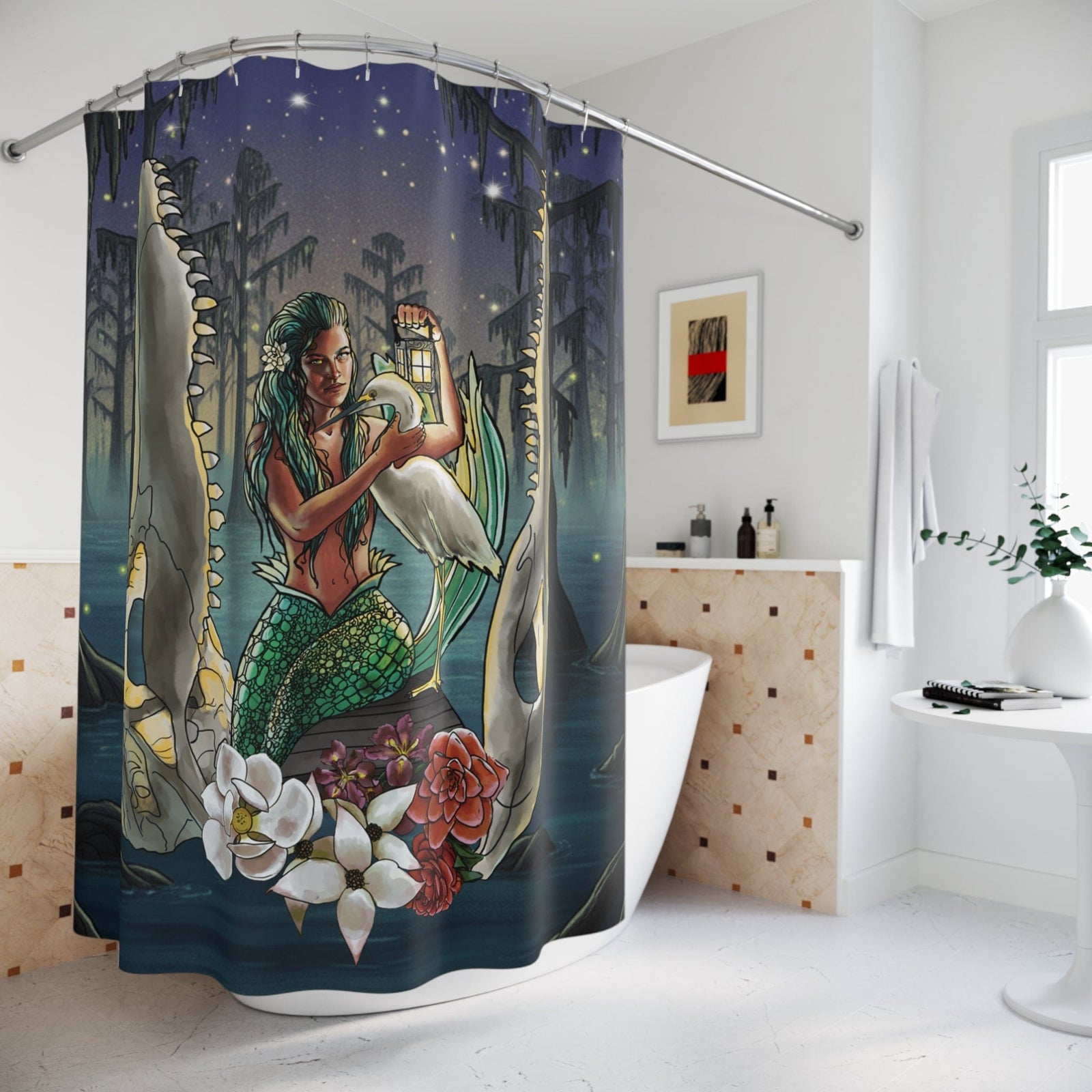 Printify Bayou Mermaid Shower Curtain — Gothic Swamp Night Bath Decor 71" × 74" 19096067014497527147