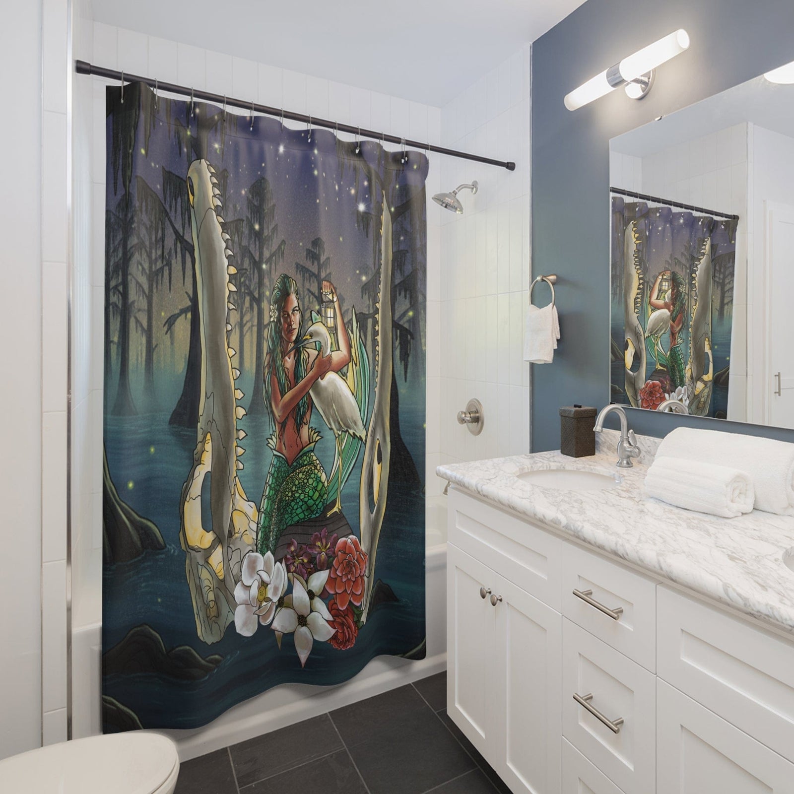 Printify Bayou Mermaid Shower Curtain — Gothic Swamp Night Bath Decor 71" × 74" 19096067014497527147