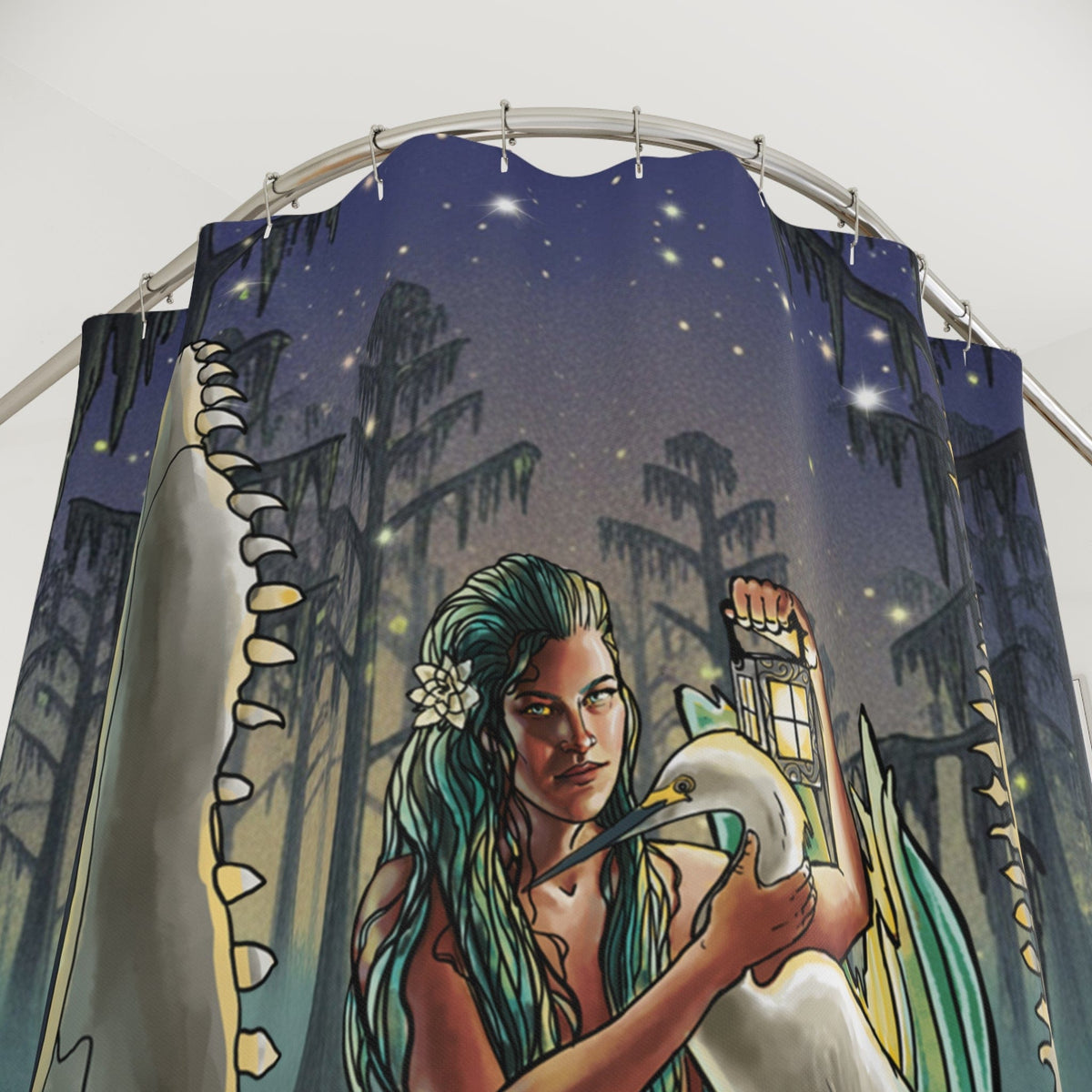 Printify Bayou Mermaid Shower Curtain — Gothic Swamp Night Bath Decor 71" × 74" 19096067014497527147